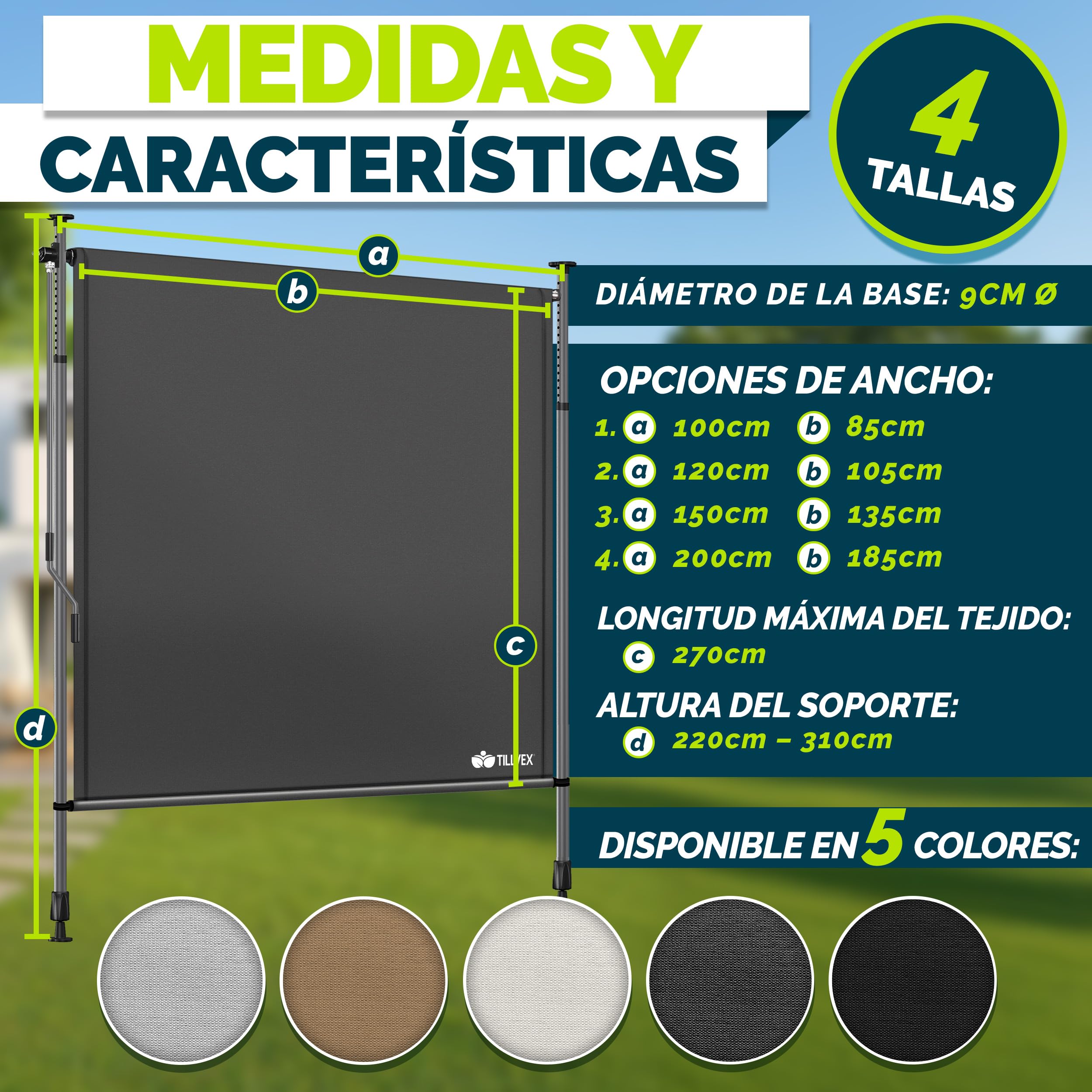 Tillvex® Toldo vertical antracita con manivela, protección visual extensible y opaca, 100 x 310 cm, para balcón, terraza, jardín