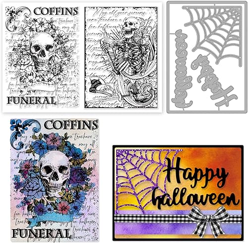 INFUNLY Sellos Transparentes de Fondo de Esqueleto para Hacer Tarjetas, Conjuntos de Sellos y Troqueles de Halloween, Calavera, Flores, Hojas,
