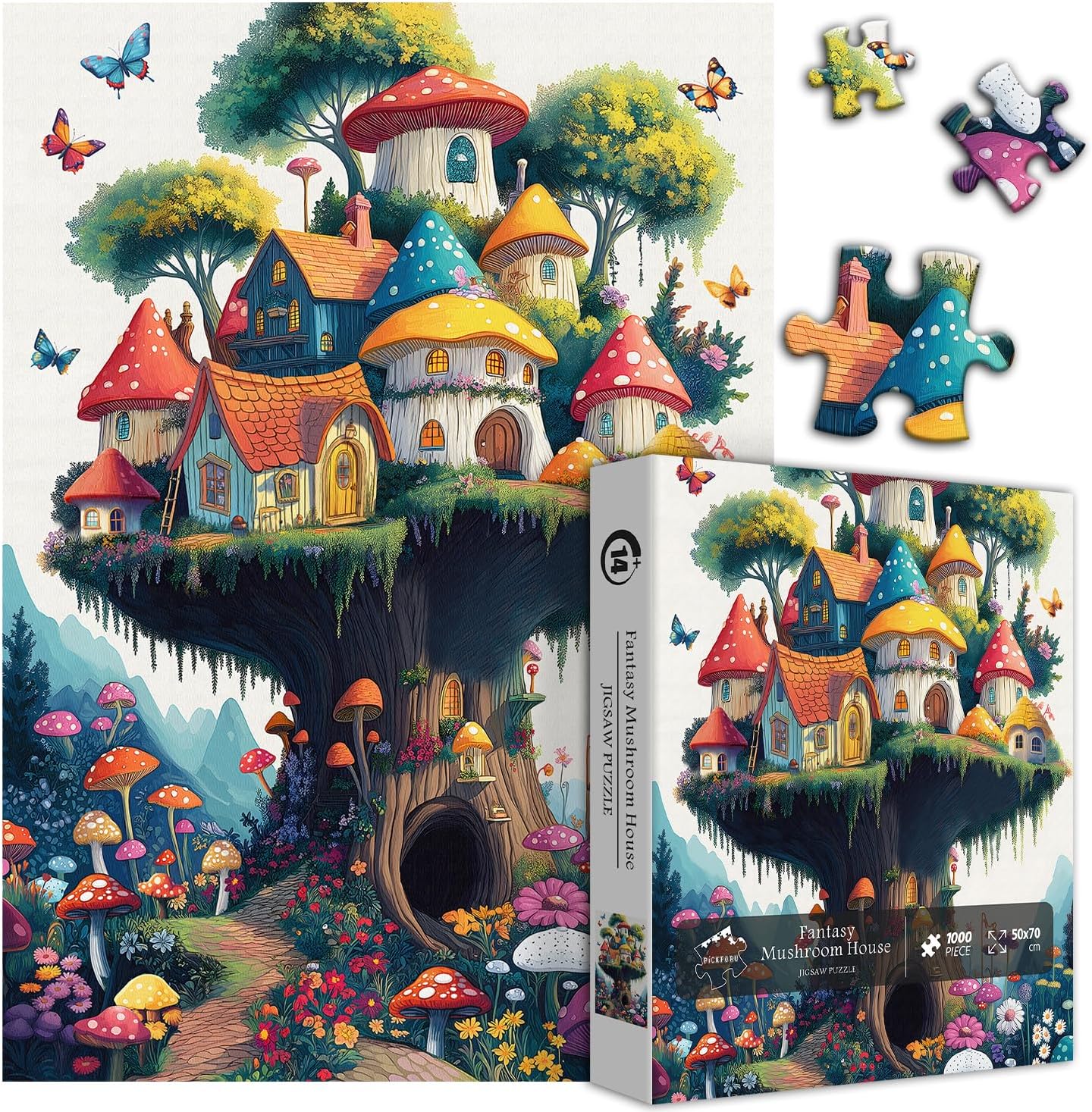 Mushroom Puzzles for Adults 1000 Pieces, Magic Mushroom Treehouse Puzzle Fantasy, Colorful Art Jigsaw Puzzle, Challenging Hard Puzzles for Adults