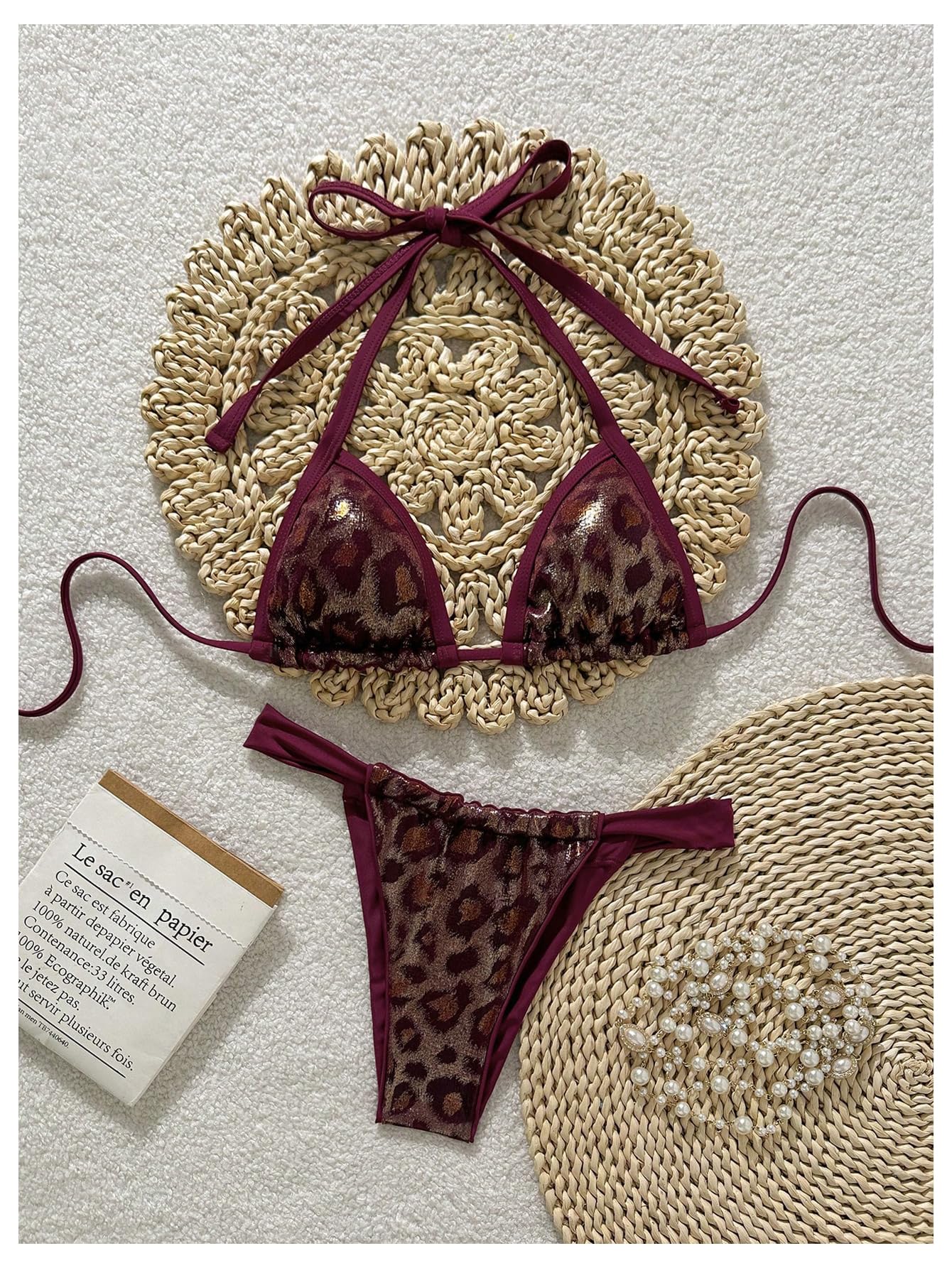 Damski Dwuczęściowy Strój Kąpielowy W Panterkę Trójkątny Typu Halter I Stringi Zestaw Bikini Wysoko Wycięty Kostium Wielokolorowy, Duży