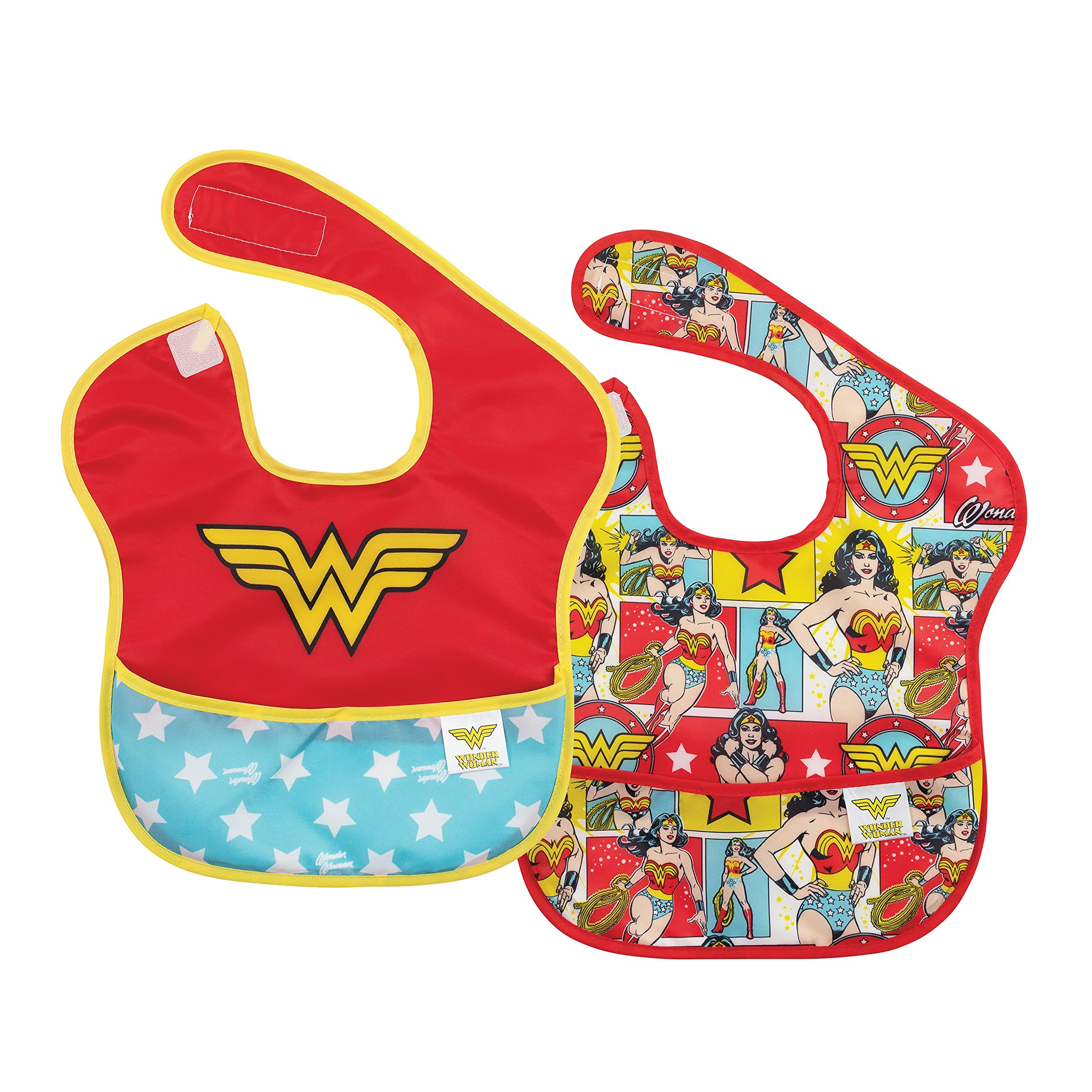Bumkins Bibs for Girl or Boy, SuperBib Baby and Toddler for 6-24 Months, Essential Must Have for Eating, Feeding, Baby Led Weaning, Mess Saving Catch Food, Waterproof Soft Fabric, 2-pk Wonder Woman
