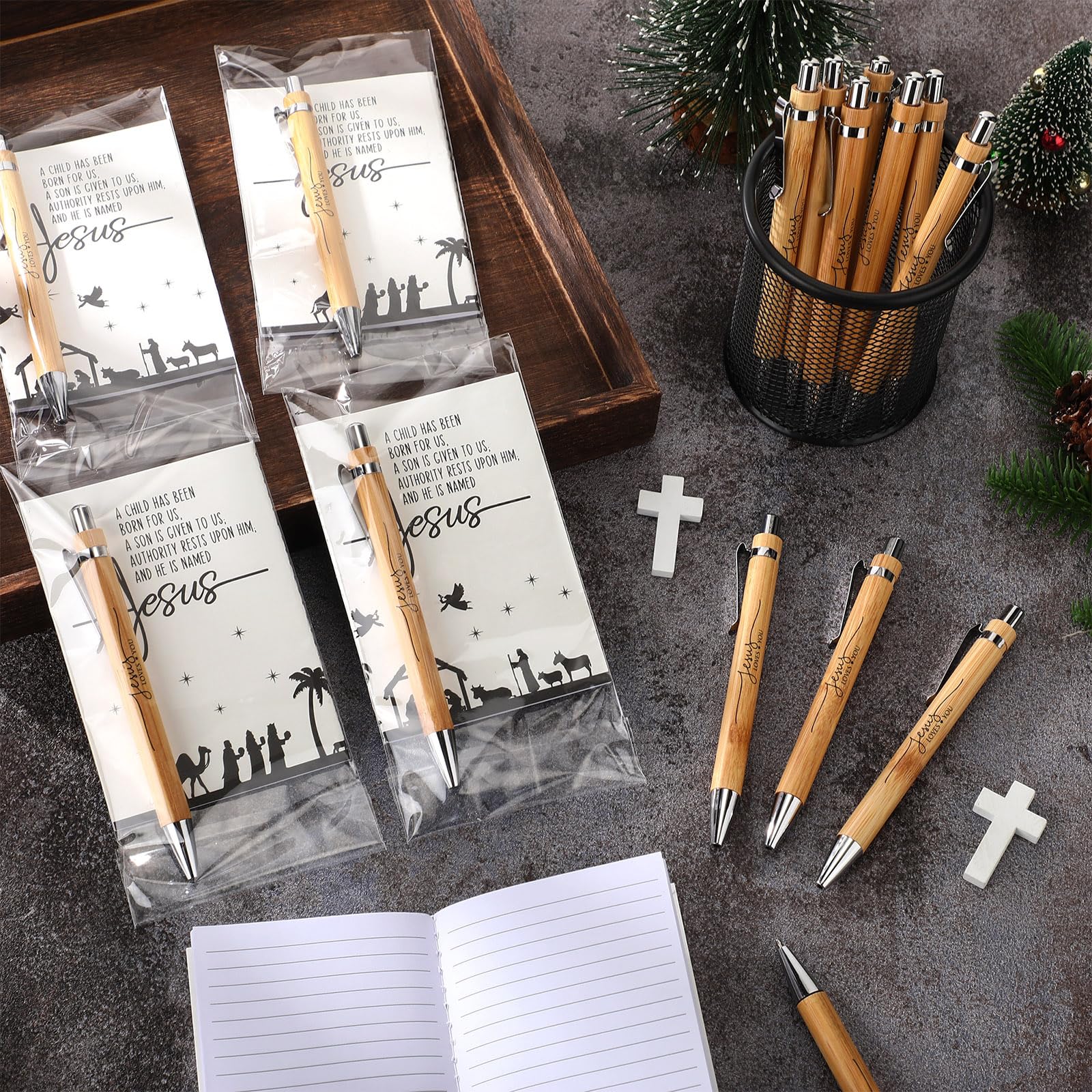 Eaasty 40 Sets Weihnachten Jesus Loves You Stift Geschenke Krippe Notizbuch Bibel Christian Bambus Stifte Inspirierende Gebet Notizblock Religiöse Geschenke für Kirche Sonntag Schule
