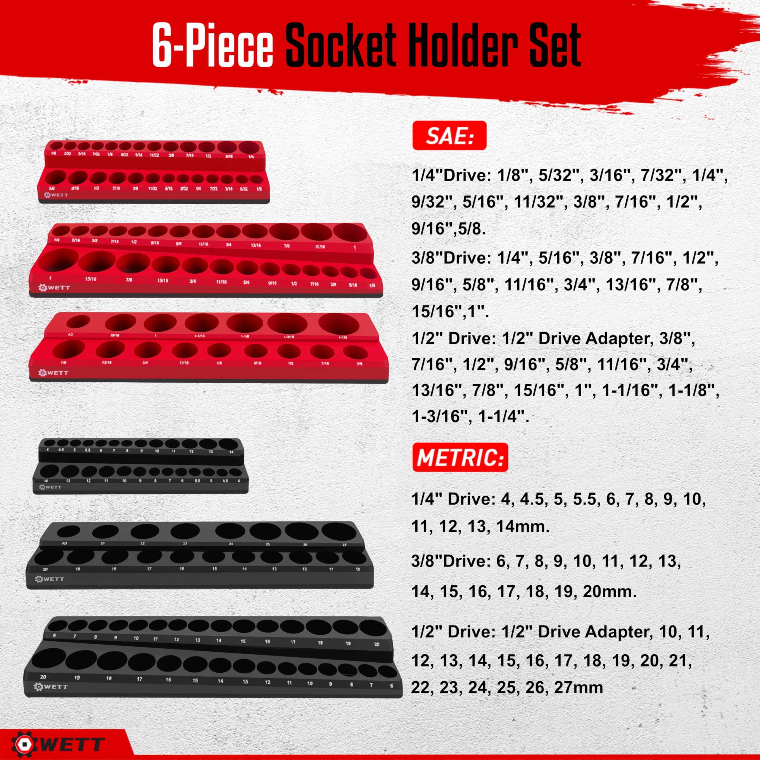 WETT Magnetic Socket Organizer Set, 6-Piece Socket Holder Set, 1/4