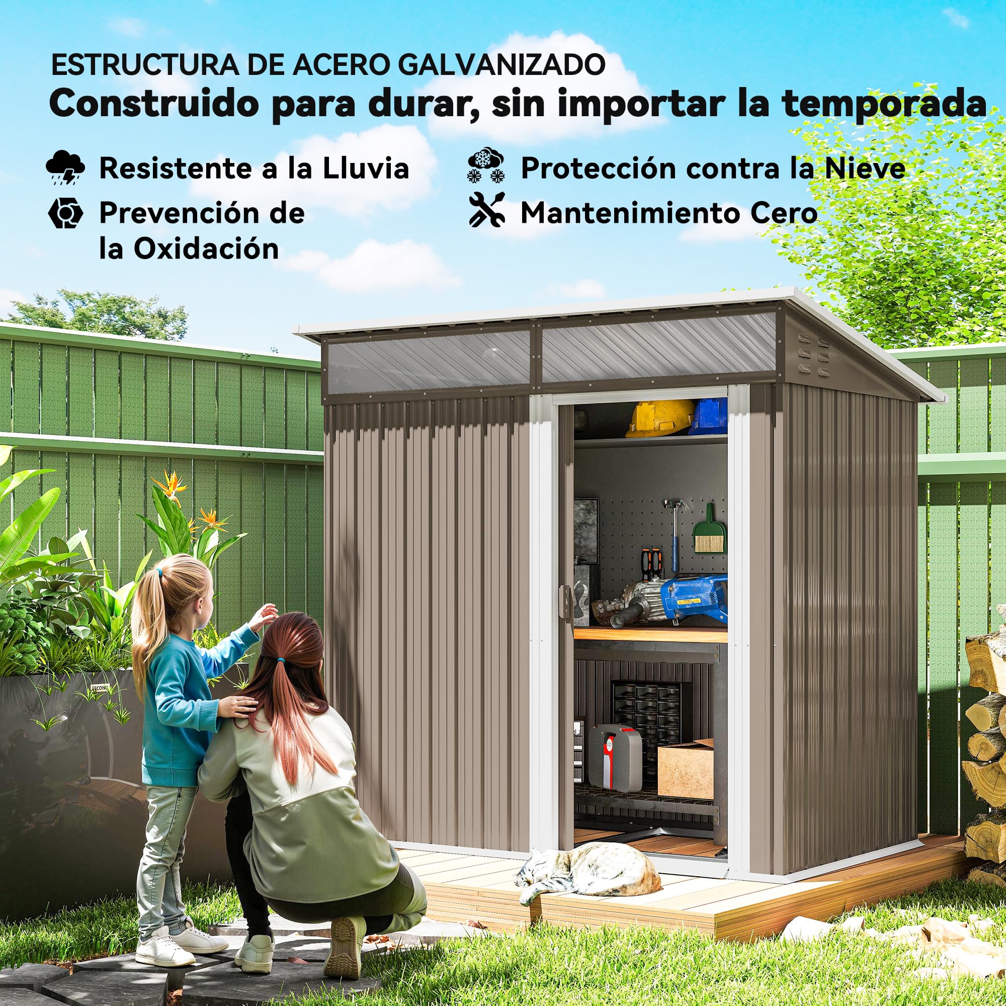 Outsunny Caseta de Jardín Exterior 1,9m² 195x122x182 cm Marrón | Cobertizo de Jardín Exterior, Base Refuerzo, Suelo NO Incluido, Puerta Corredera, Ventanas, para Patio