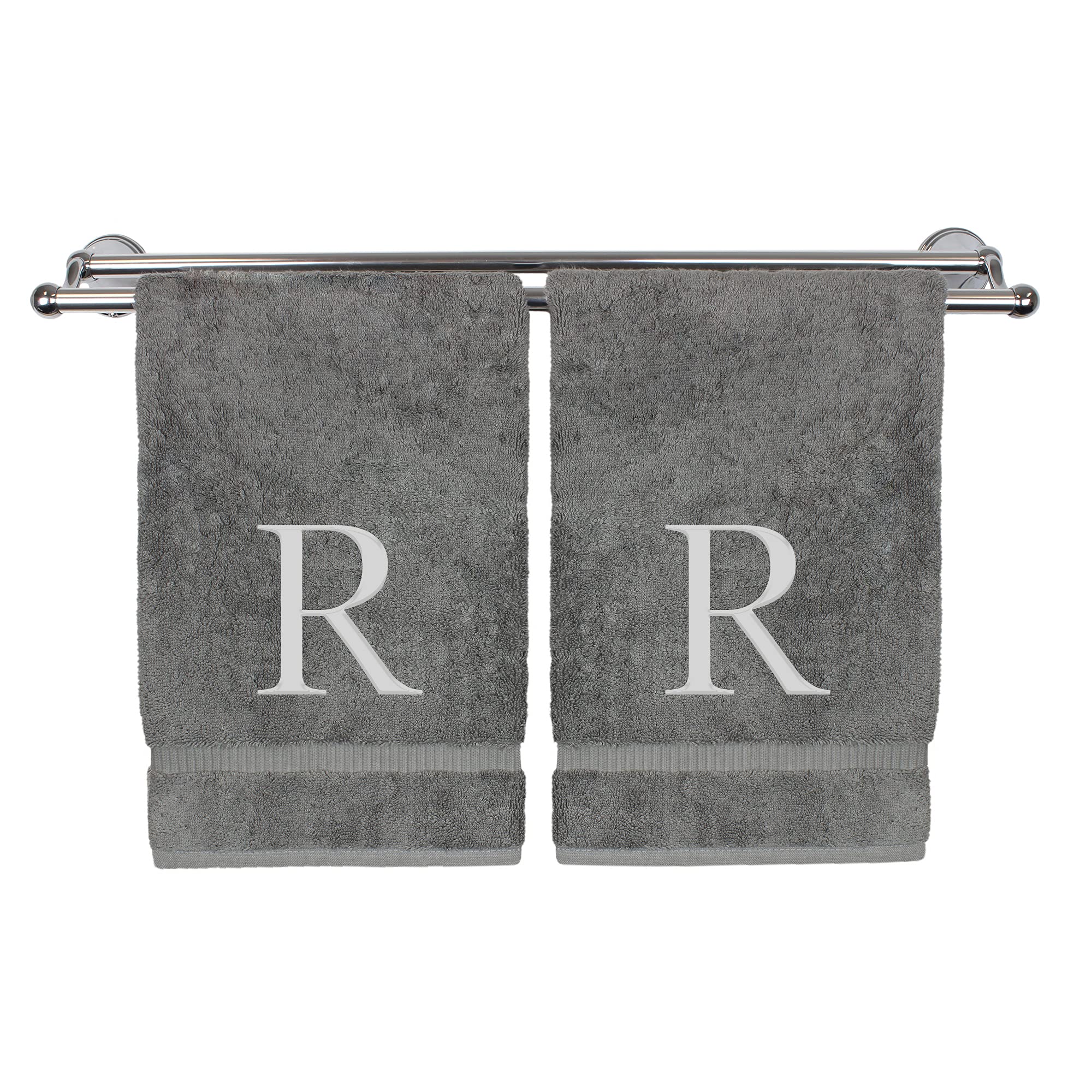 Toalla de mano monogramada, regalo personalizado, juego de 2 toallas bordadas con letras de bloque plateadas, extra absorbentes, 100% algodón turco, acabado de rizo suave, inicial R gris