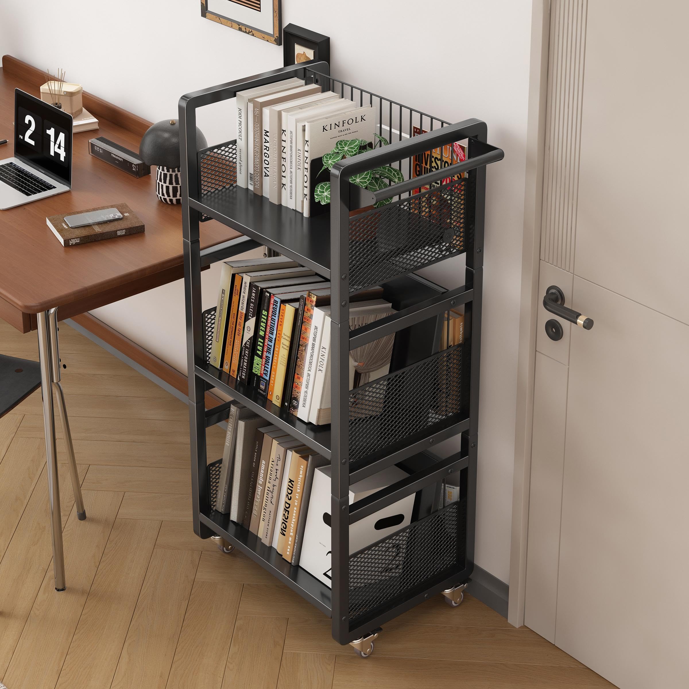 Ornestia Book Trolley,Mobile Bookshelf Organiser with Lockable Wheels,Black