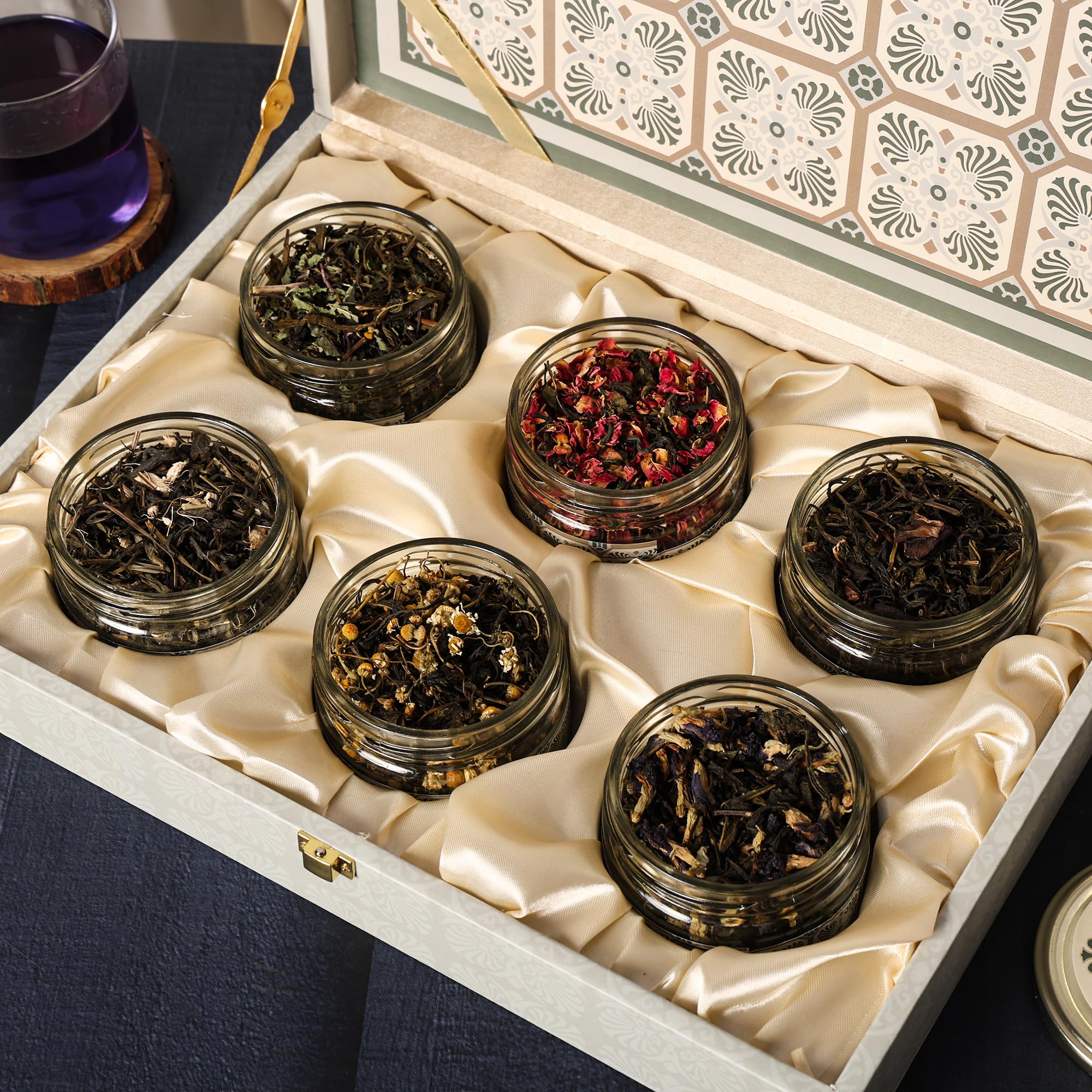 Riwaz Luxury Herbal Tea Gift Box Set | Premium Square Design with Rose, Mint, Hibiscus, Chamomile, Lemongrass & Blue Pea | 6 Artisanal Wellness Teas | Perfect for Tea Lovers & Gifting (650g) 1