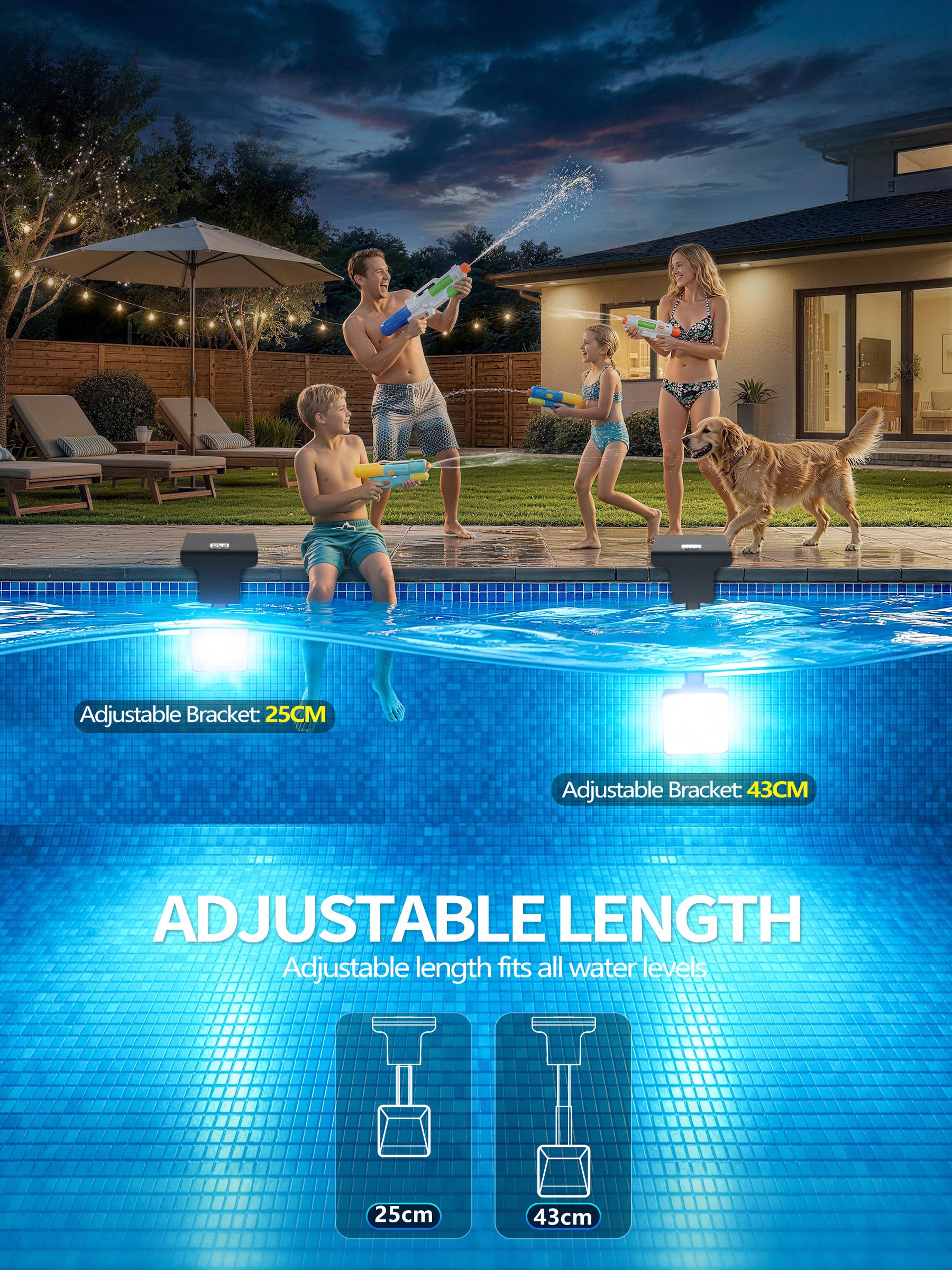 DeeprBlu 2 en 1 Luz Piscina Solar Sumergible con Termómetro de Piscina, Luces LED para Piscinas con 10 Impresionante Modos de Luz & Pantalla Retroiluminada Nocturna, Solo para Piscinas Enterrada