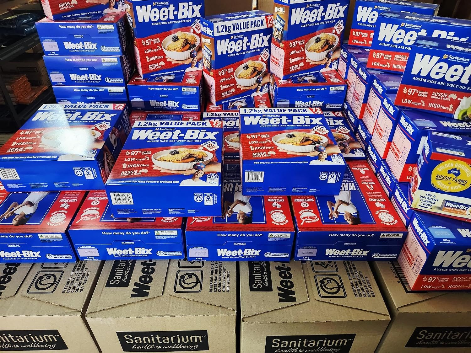 Aussie Made Weet-Bix 97% Wholegrain (1.2kg VALUE PACK 72 BIX) By Sanitarium Australia. Low in Sugar. Goodness and Energy with Soda Pops