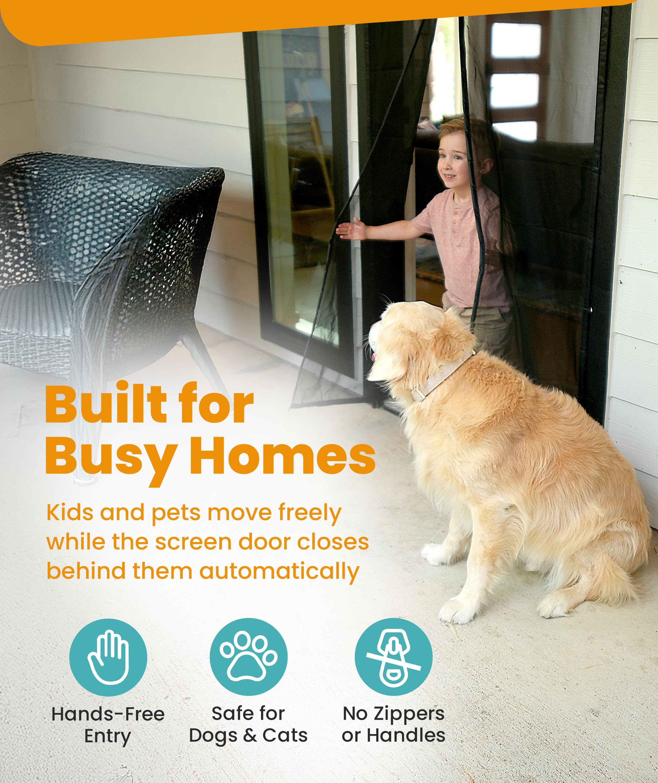 Flux Phenom Magnetic Screen Door - Bugs Out, Breeze in - 9min Install Auto-Sealing Heavy Duty Double Stitched Mesh, 52 Magnets, Hands Free Sliding & Patio Doors Net, Pet & Kid Friendly, 38 x 82 Inch - 5