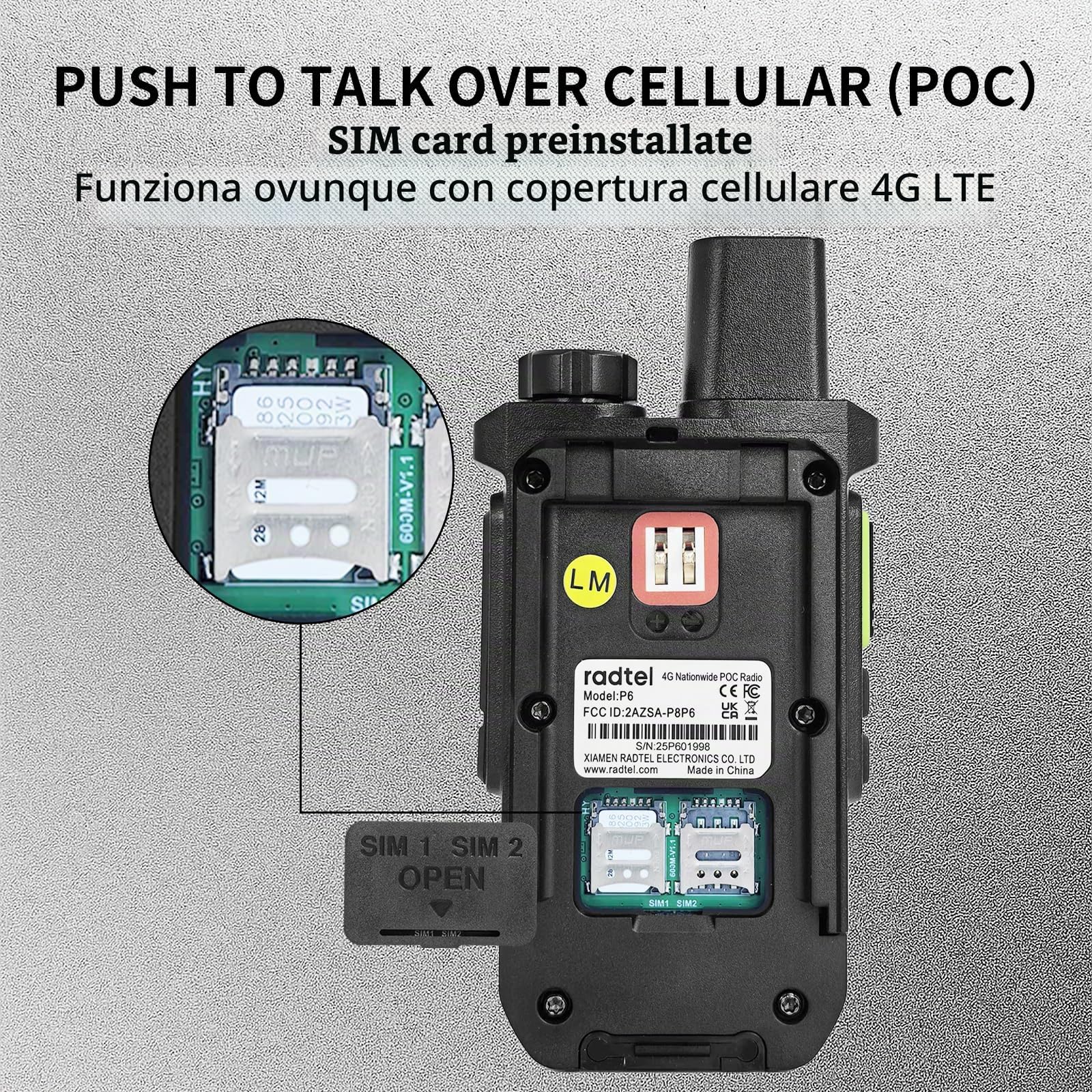 Radtel P6 PoC Radio (Push-to-Talk Over Cellular), walkie talkie portatili a portata illimitata per tutto il paese, radio bidirezionali ricaricabili con torcia (confezione da 2 con 2 SIM)