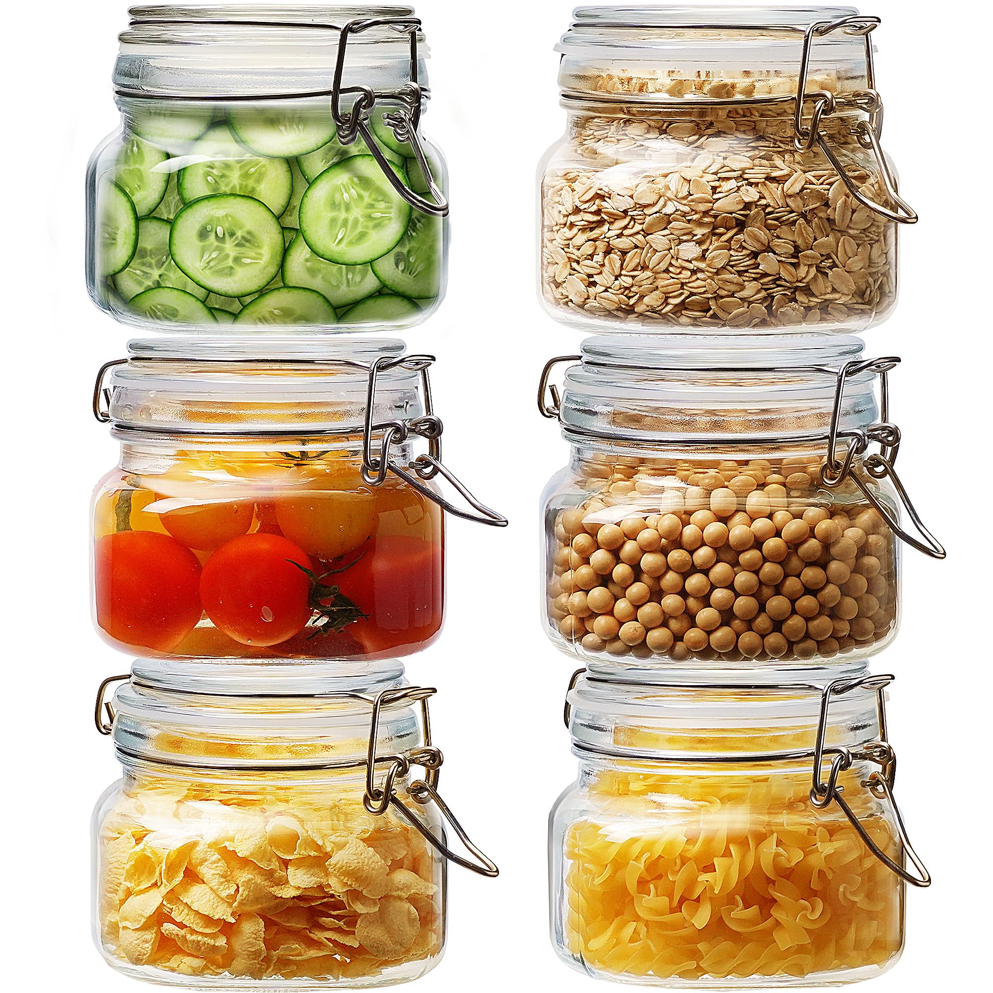 17oz - 6 Pack Square Glass Jars with Airtight Lid, Wide Mouth Mason Jars with Clamp Lids, Air Tight Glass Canisters, Best Food Storage Containers for Cereal, Pasta, Rice, Sugar, Coffee, Spice