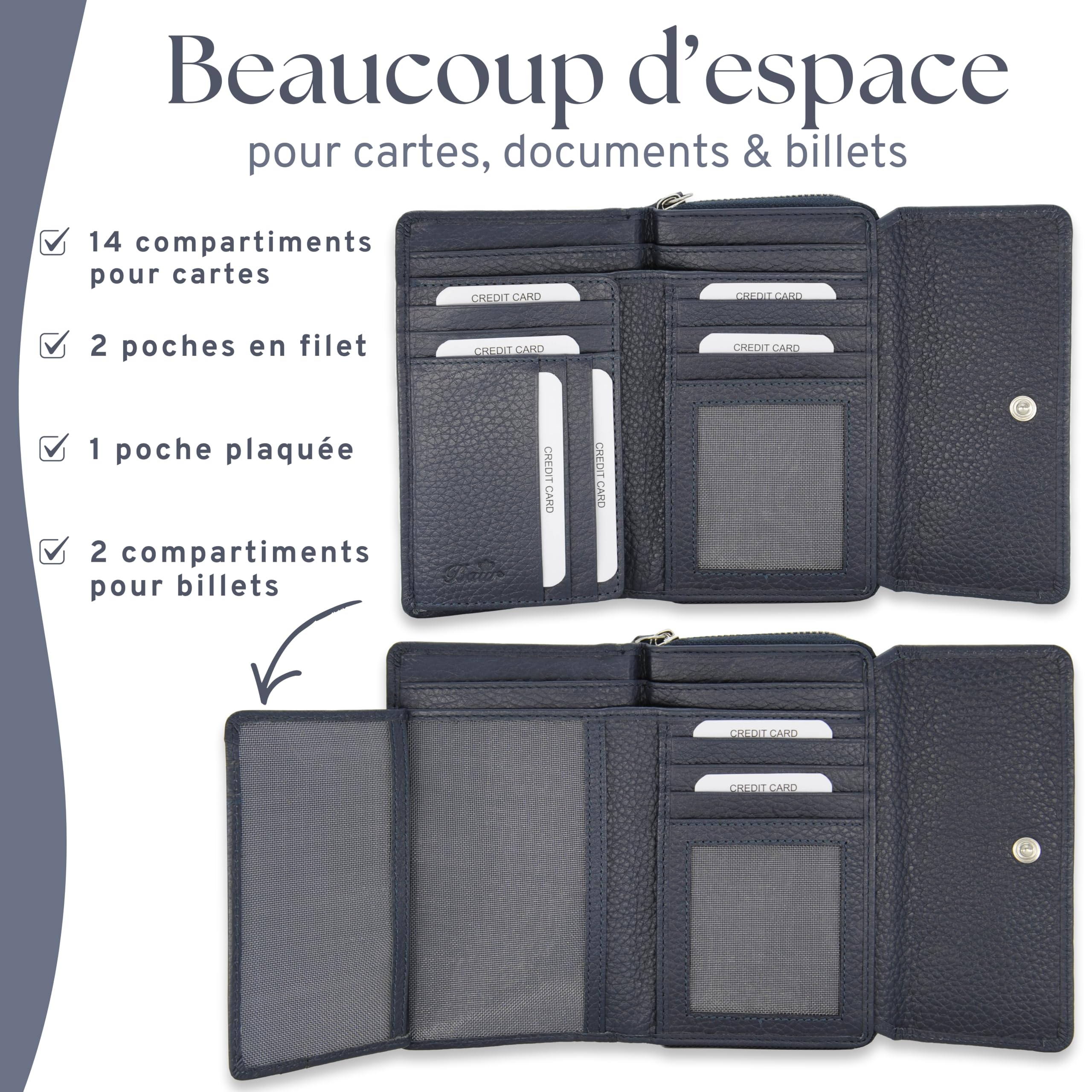 Baur Portefeuille Femme en Cuir véritable avec Protection RFID – Grand Porte-Monnaie avec 14 emplacements pour Cartes – Fermeture à Bouton-Pression et Compartiment Monnaie zippé (Bleu foncé)