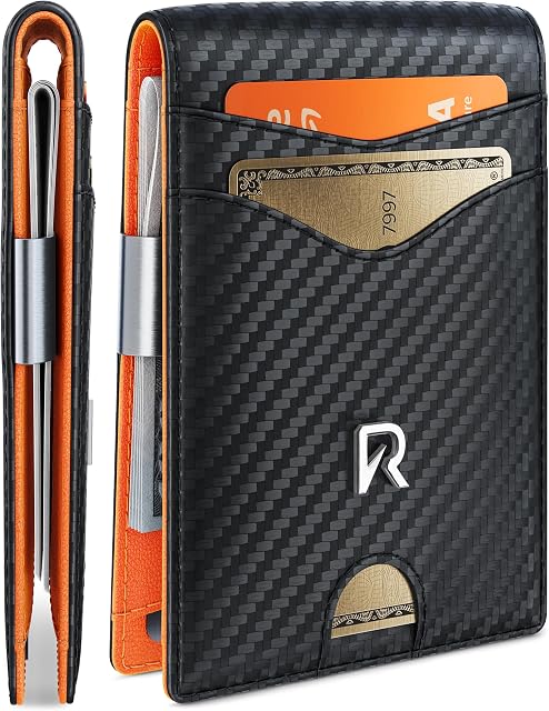 Ronyxet Slim RFID Wallet for Mens – Minimalist Wallet for Men with Money Clip, Holds 12 Cards – Durable Leather Carbon Fiber Men’s Wallet – Perfect Mens Gift (Carbon Orange, Money Clip)