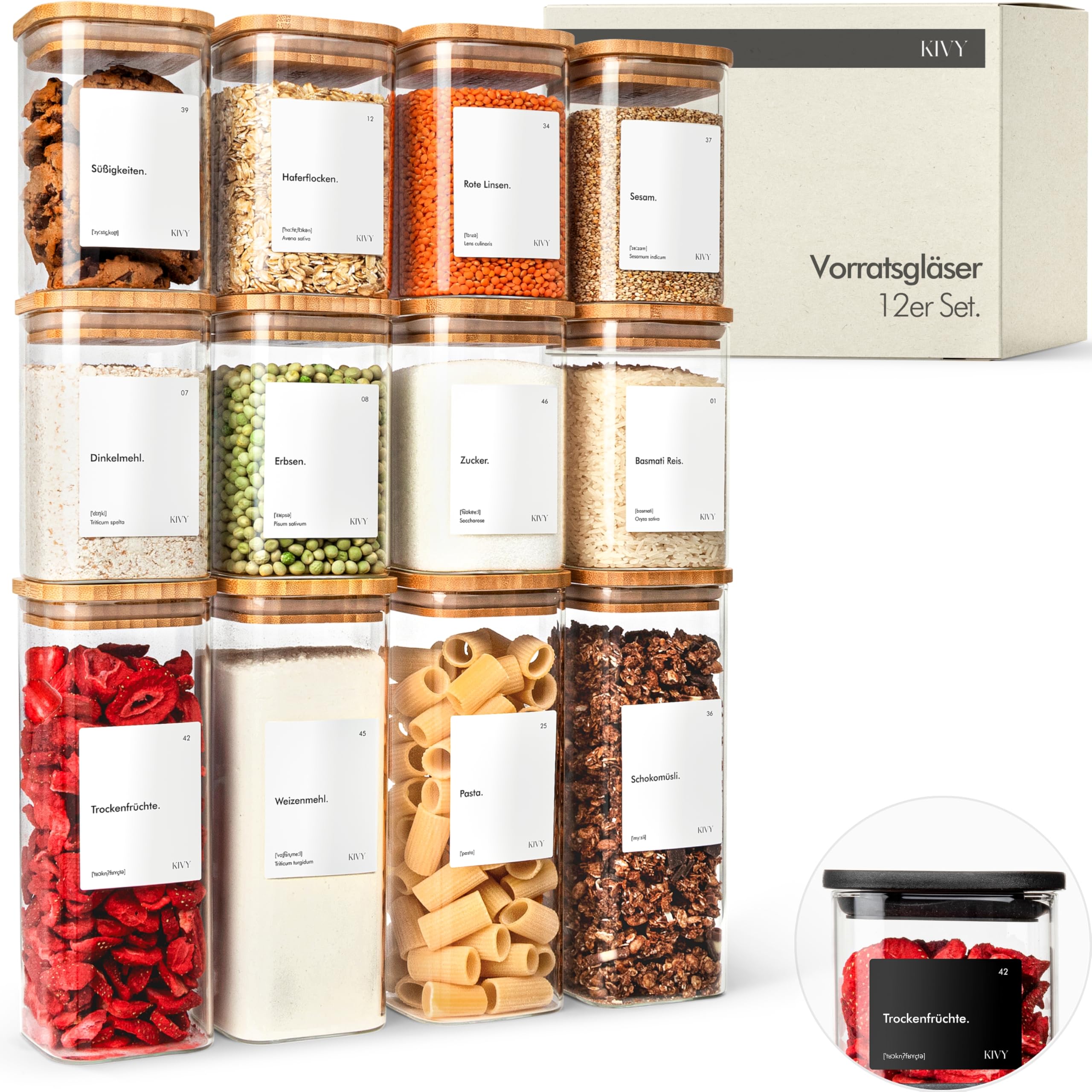 KIVY Vorratsgläser eckig [12er Set] + Etiketten - Stapelbare & Luftdichte Vorratsgläser mit Deckel - Vorratsdosen mit Deckel luftdicht Glas - Eckige Aufbewahrungsgläser - Bambus