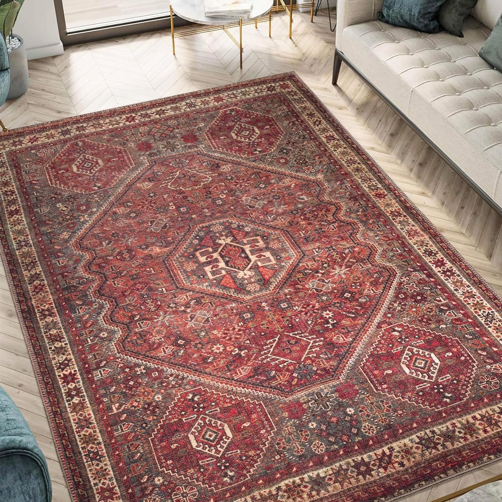 Grand tapis lavable rouge 160x260 cm pour salon et chambre moderne