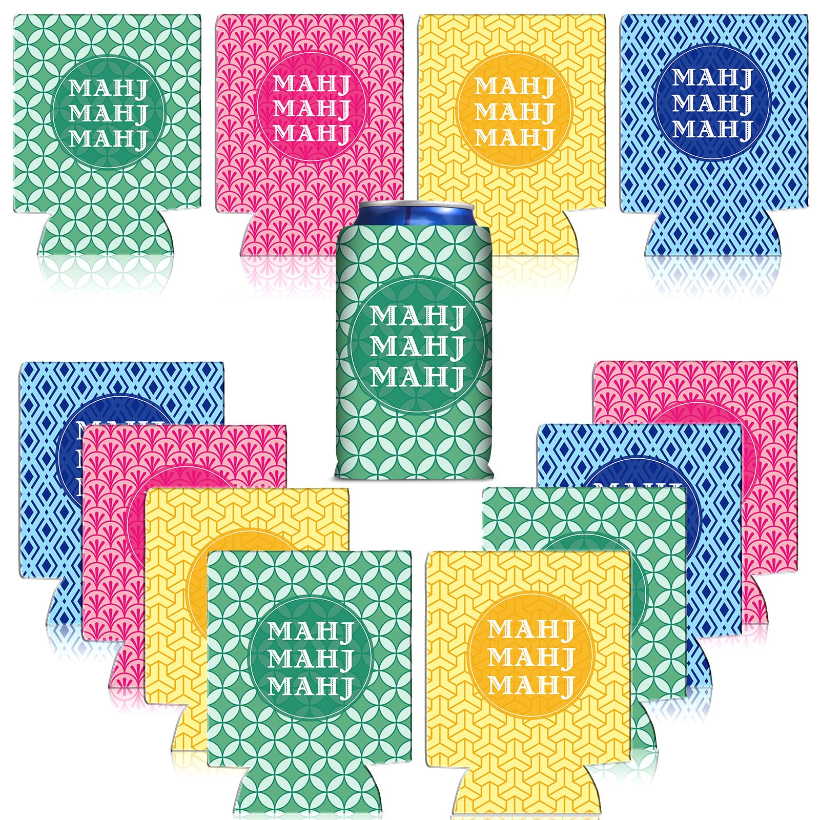 SiliFine 12 Pcs Mahjong Party Can Coolers Bulk Can Cooler Sleeves Insulated Neoprene Bottle Drink Holders Soft Cover Gifts Mahjong Party Decorations Supplies for Soda Beverage Women Men