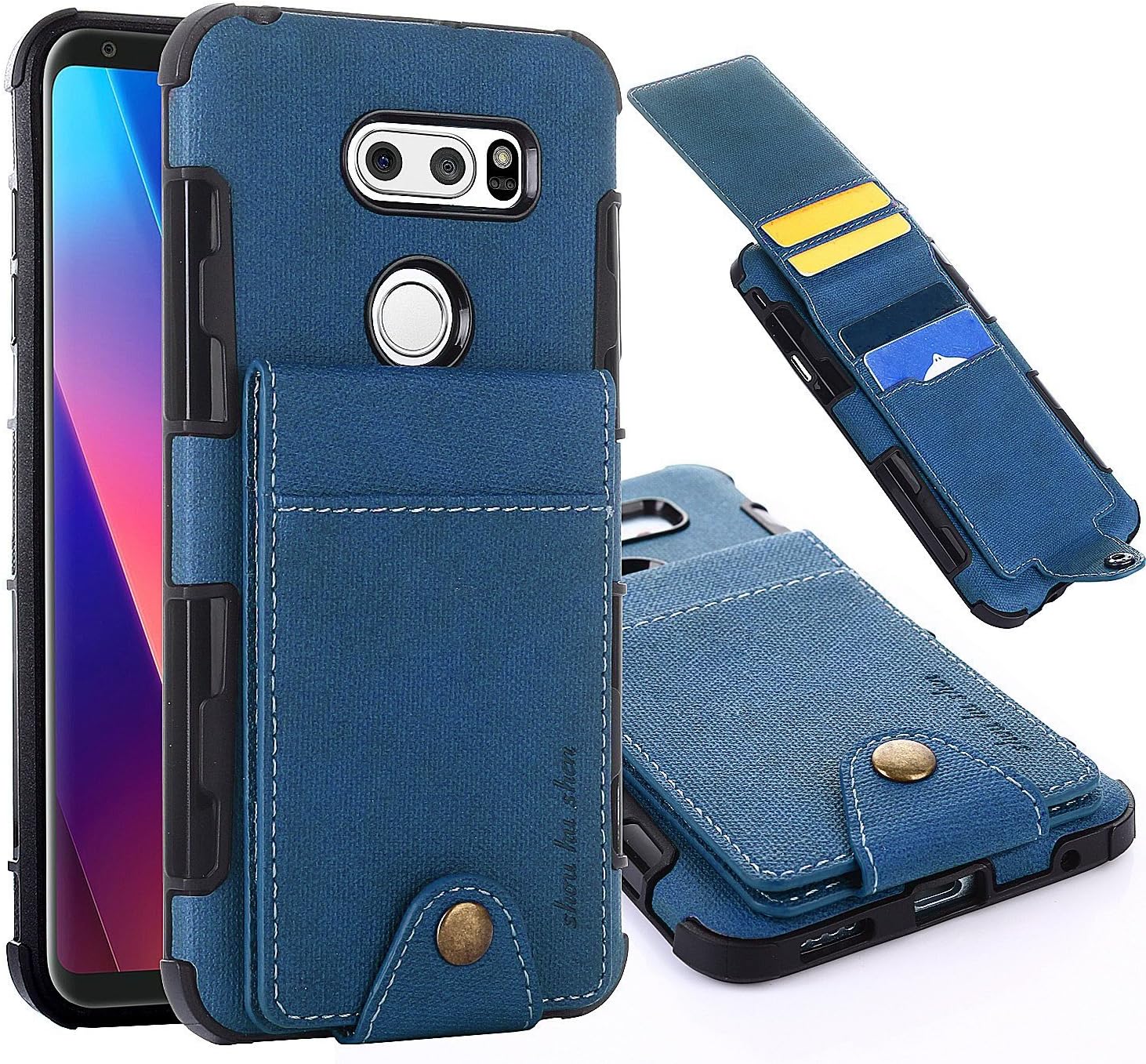 LG V30 Wallet Case, 5 ID Credit Card Slot, Button Flip-Out Leather Drop Protection Case - Blue