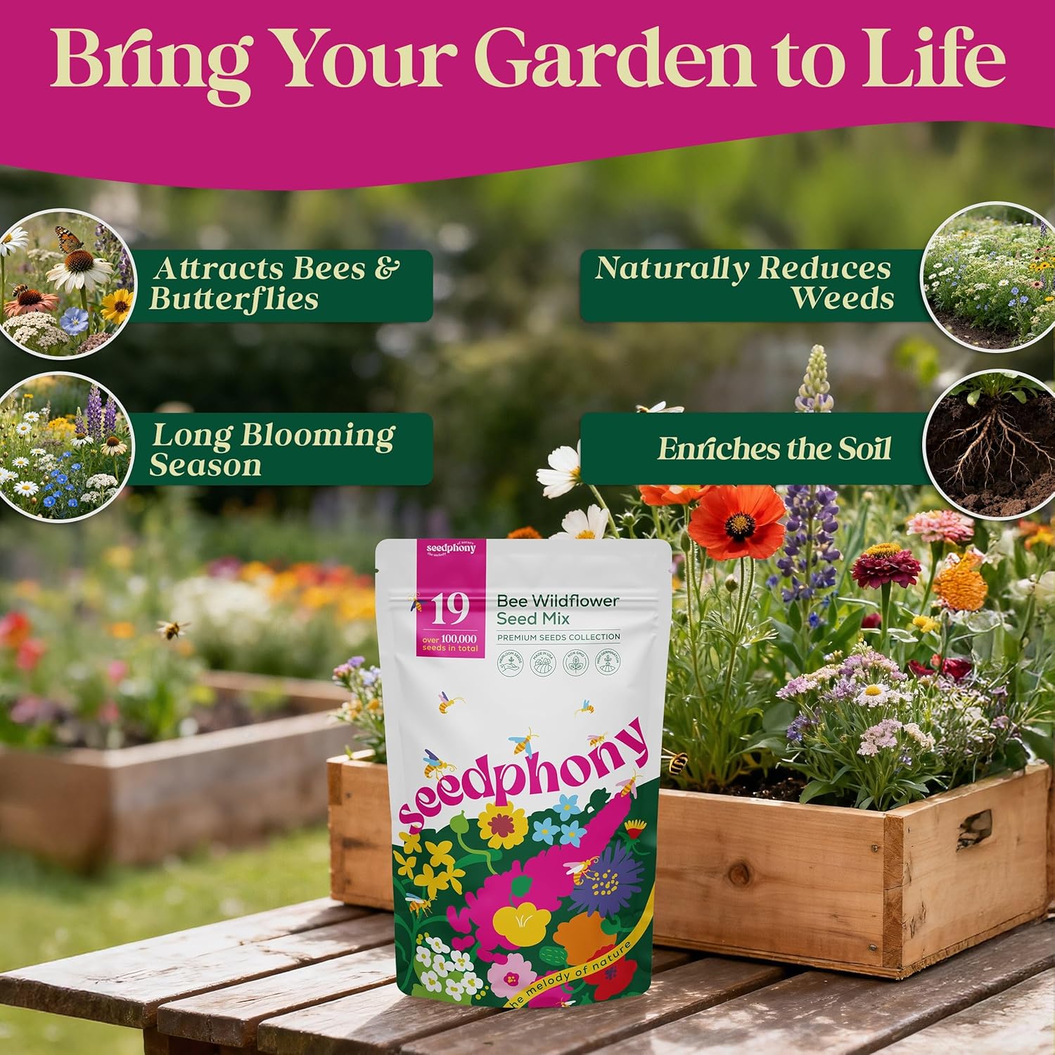 Seedphony 19 Bee Wildflower Seeds Mix 4oz - 100,000 Non-GMO Heirloom Seeds for Planting, Perennial Flowers in Waterproof Seed Packet, Flower Seed Mix for Pollinators, Planting Garden Indoor & Outdoor