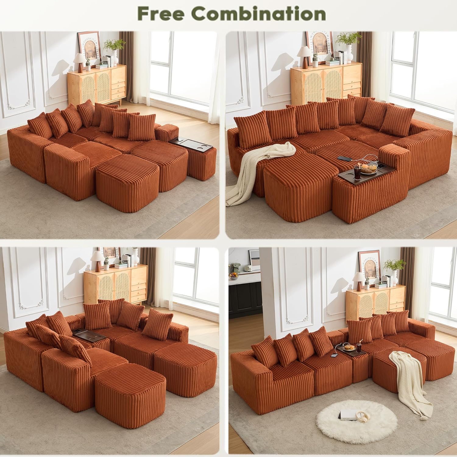 KEIKI 137.5" Modular U Shaped Sofa, Oversized Corduroy Sectional Couch with Movable Footstool, Cup Holders, Wireless Charging Board, Flexible No Assembly Sofa for Apartment or Loft