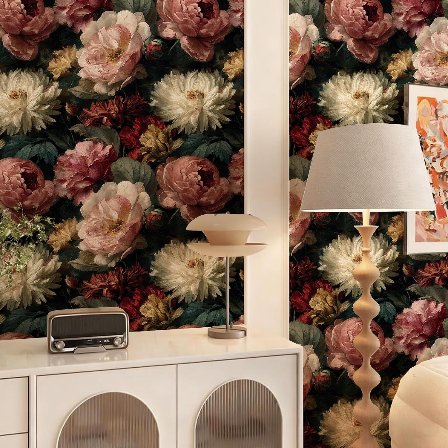 Floral Peel and Stick Wallpaper, Dark Vintage Floral with Oil Painting Texture, Removable Self-Adhesive Mural for Living Room & Bedroom, 17.7x118 Inch