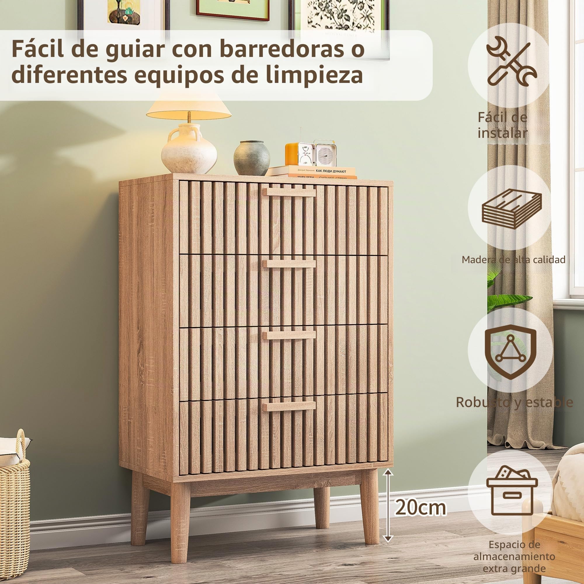 Cómoda con 4 cajones, cómoda para dormitorio, cómoda moderna, cómoda de madera con asas, aparador, cajonera de almacenamiento para pasillo, salón, dormitorio