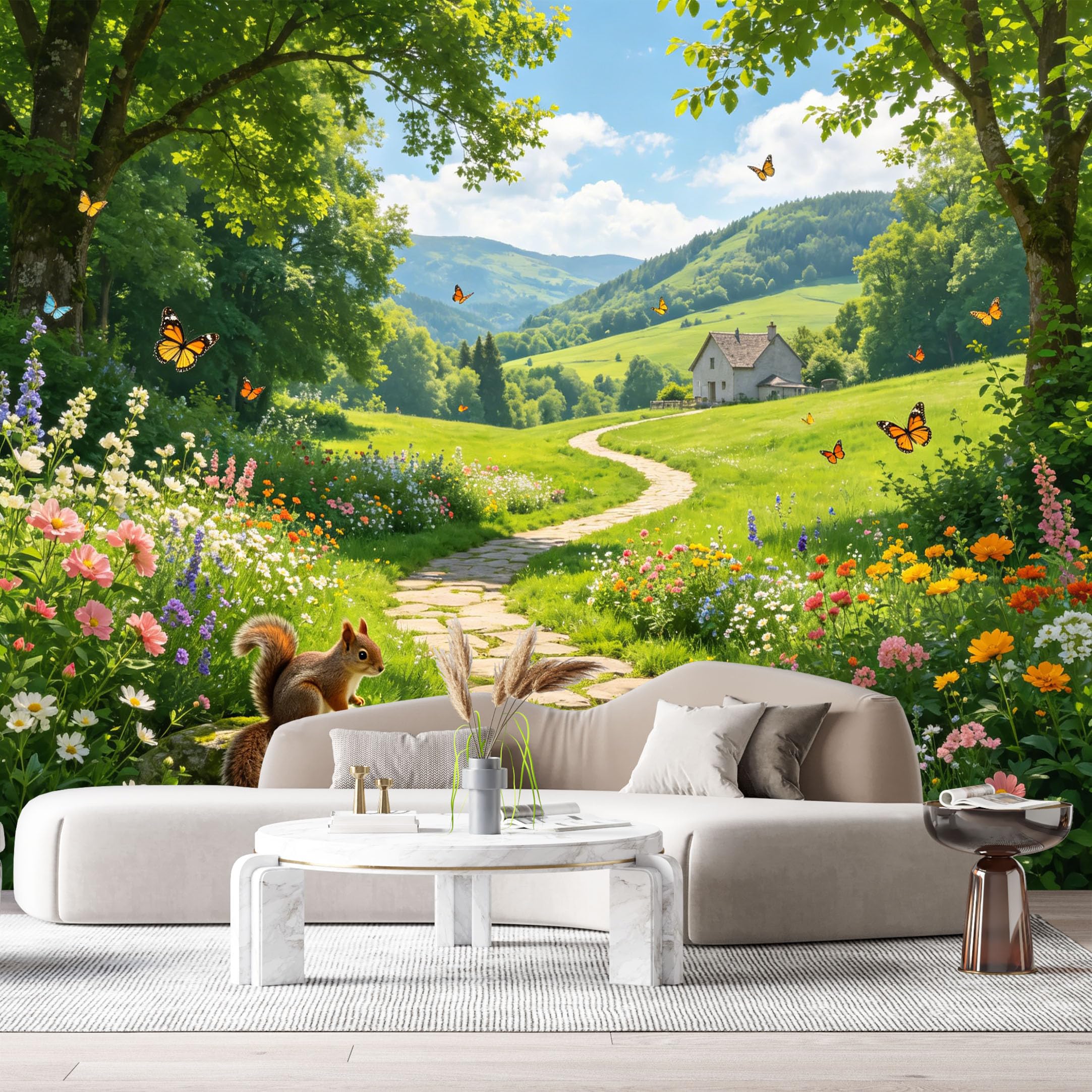 Custom Size Wall Murals Forest Landscape Farmhouse Style Squirrel Butterflies Floral Path SelfAdhesive Wall Fabric Removable Large Wallpaper for Photo Living Room