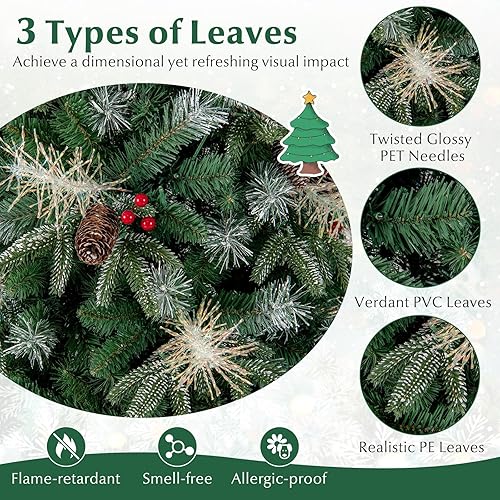 Miniatura 6 de HAPPYGRILL Árbol de Navidad artificial preiluminado de 7 pies, árbol de Navidad con bisagras con 350 luces LED blancas cálidas, 8 modos, 1072 puntas