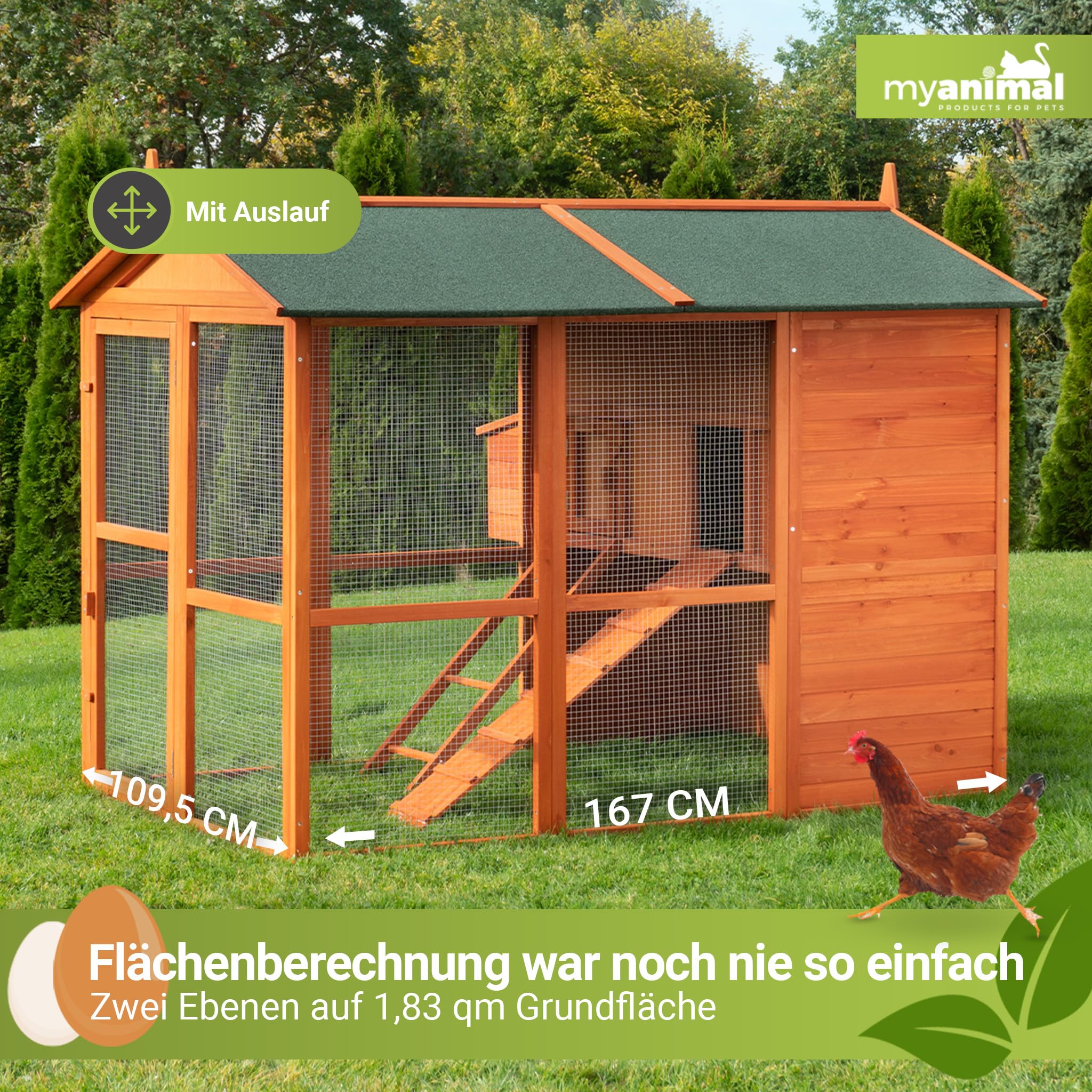 Miweba MyAnimal Hühnerstall XXL für 7 Hühner | 186x146x147 cm Winterfest - Vogelhaus - Hühnergehege mit Nistkasten - Voliere - Hühnerhaus - Freilaufgehege Huhn - Legenest - Vogelvoliere (Braun)