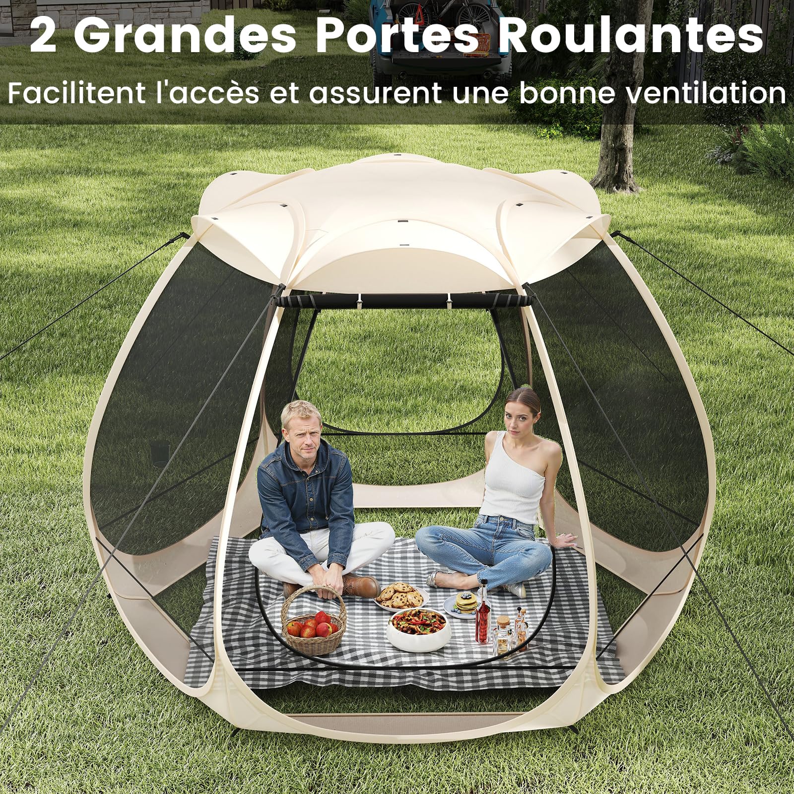 GOPLUS Tente Bulle Pop-Up 312x269x210 CM pour 4-6 Personnes, Dôme Extérieur Transparent en Fibre de Verre avec Porte Enroulable et Piquets, Cordes Anti-Vent, pour Camping/Pique-niques/Sport
