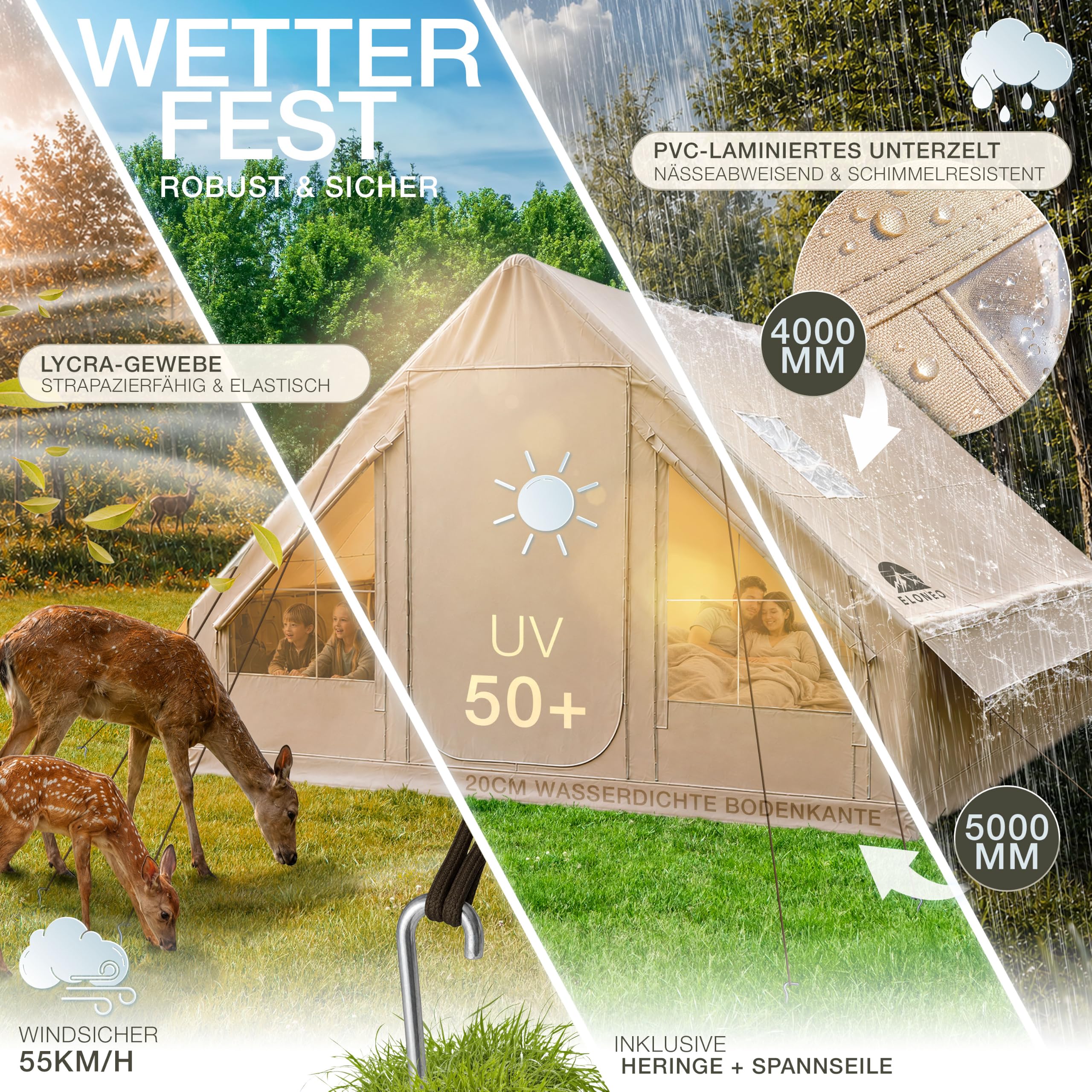 ELONEO aufblasbares Zelt für 2/4/6/8 Personen mit Dachfenster & Luftpumpe, Premium Glamping Zelt wasserdicht, Luftzelt, Inflatable Tent, Camping Zelt