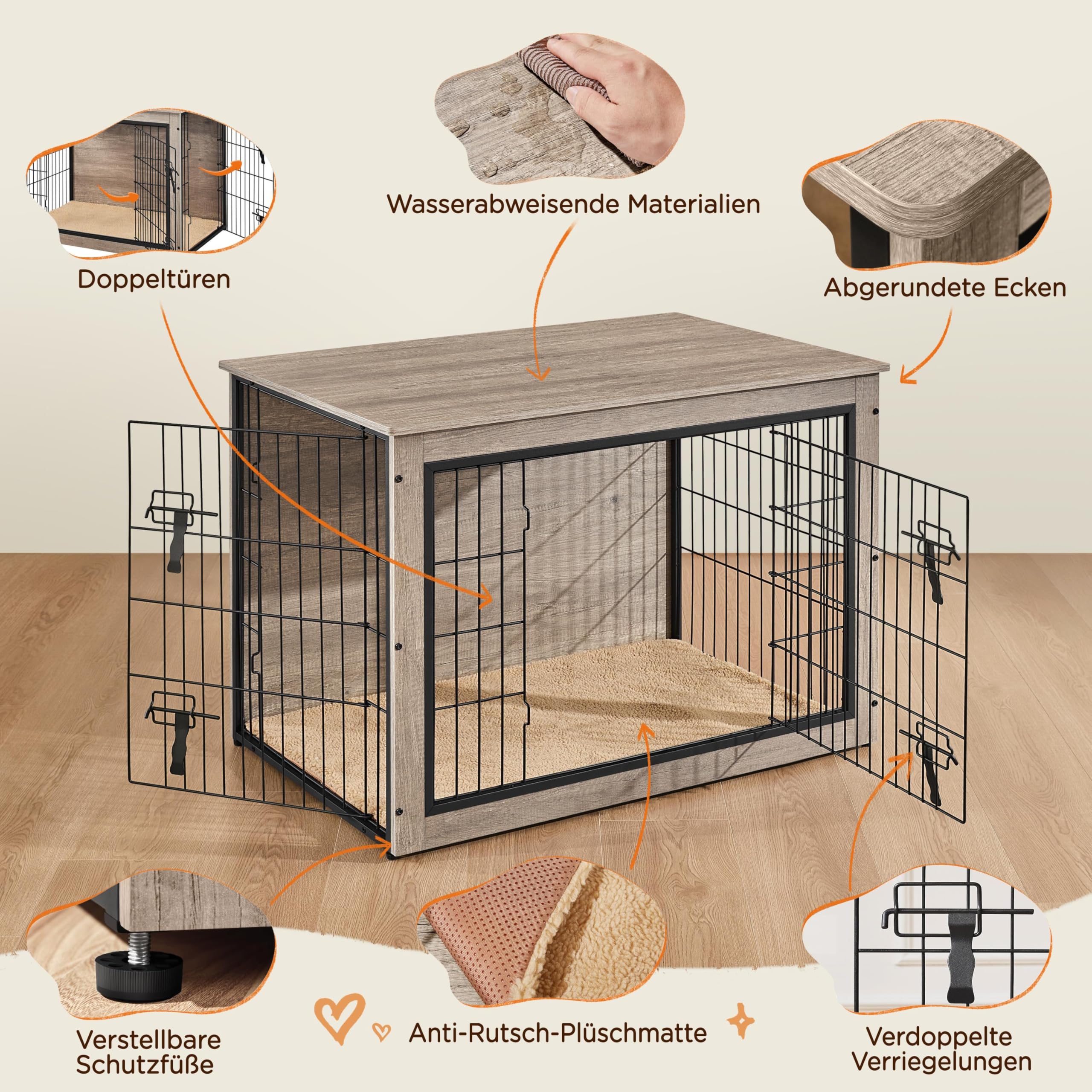Yaheetech Hundekäfig Möbel mit Hundedecke & 2 Türen, Hundebox für Zuhause, Moderne Hundehütte Indoor, Hundebox Holz für Wohnzimmer, 96x65x68 cm, Grau