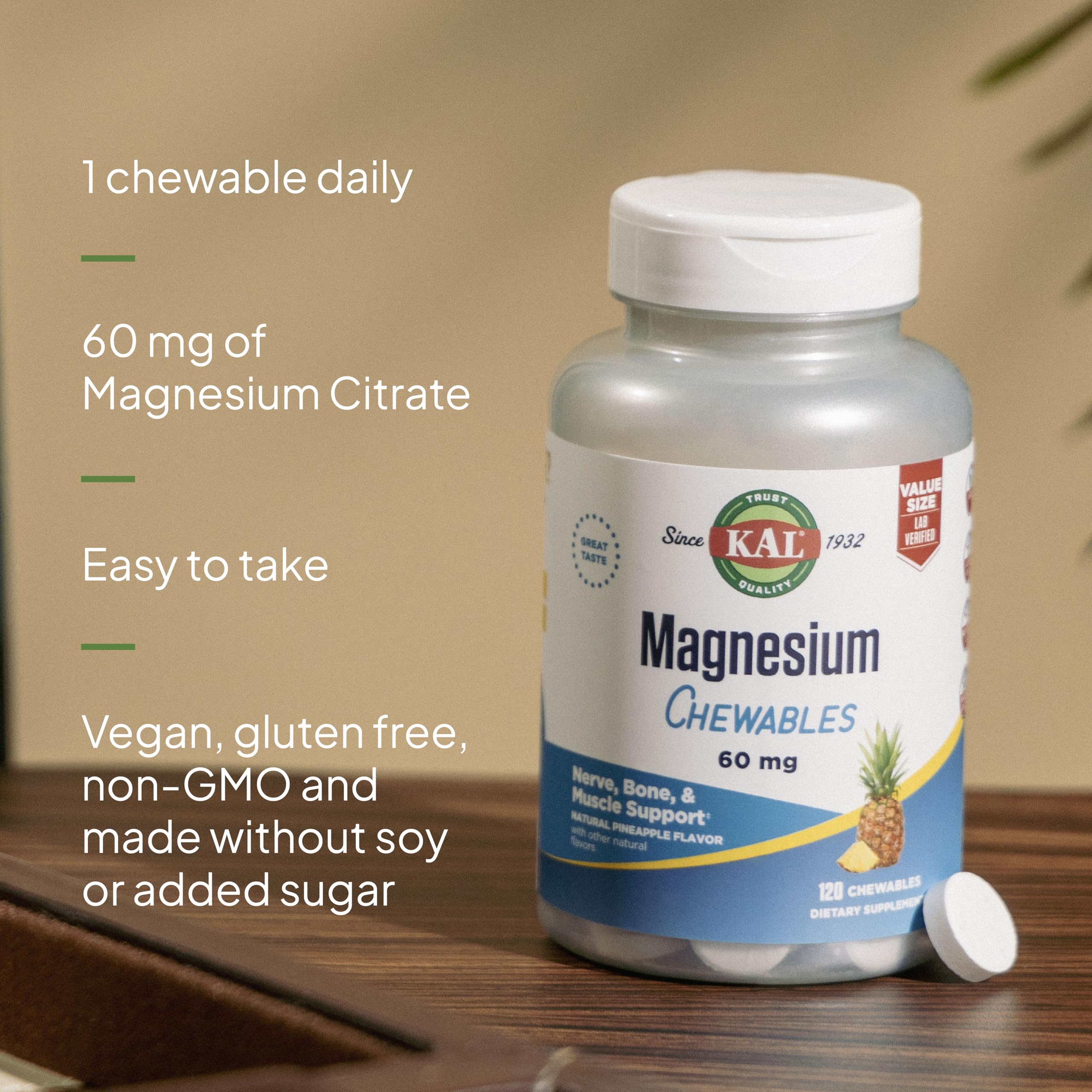 KAL Magnesium Chewables - Magnesium Citrate for Nerve, Muscle, and Bone Support - No Added Sugar, Vegan Magnesium Supplement - 60-Day Guarantee - Pineapple Flavor - 120 Servings, 120 Chewable Tablets — Amazon image 4