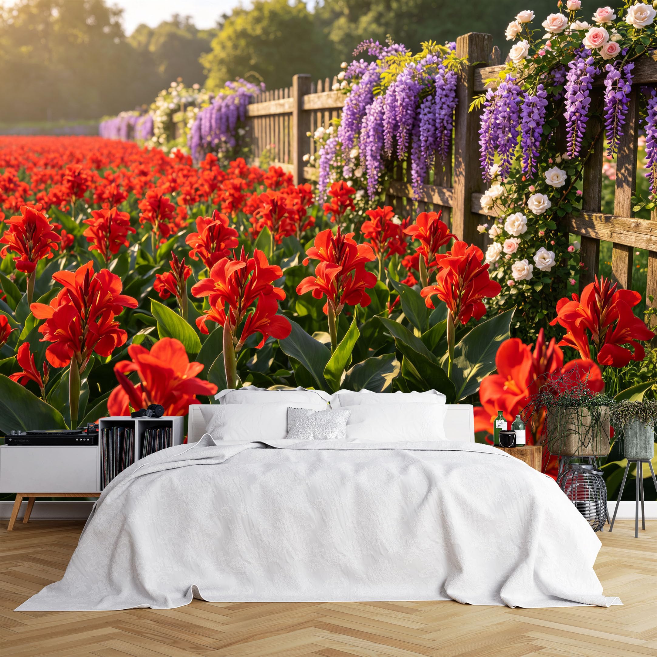 Lcythiazole Ch260615158 Custom Size Wall Murals Red Canna Wisteria Fence Garden Wall Murals Floral Country Scenery Wallpaper Full Wall Self-Adhesive Removable Wallpaper For Living Room