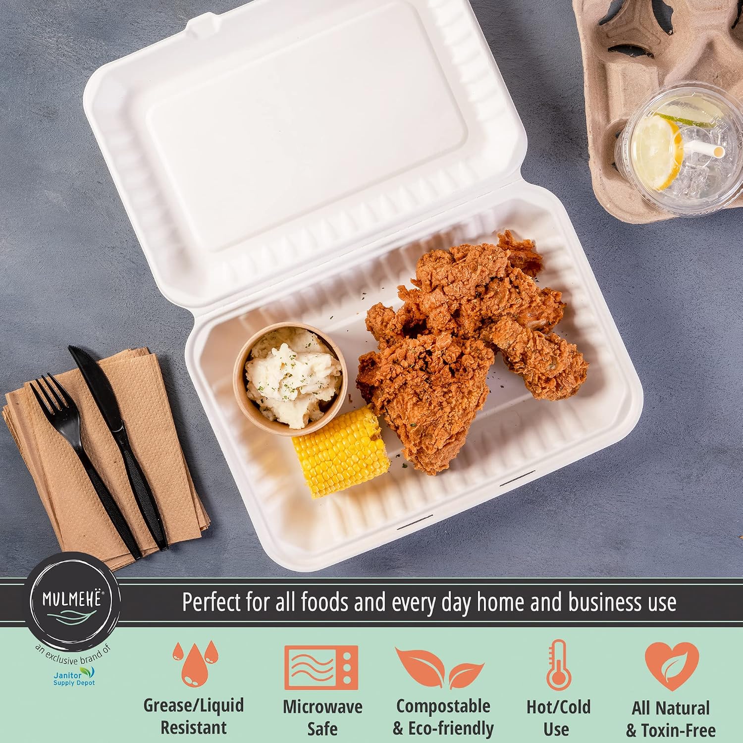 MULMEHË Eco-Friendly Sugarcane Bagasse Hinged Take Out Food Containers, 12x9x3, Single Compartment, Natural Unbleached Brown, 150 Pack