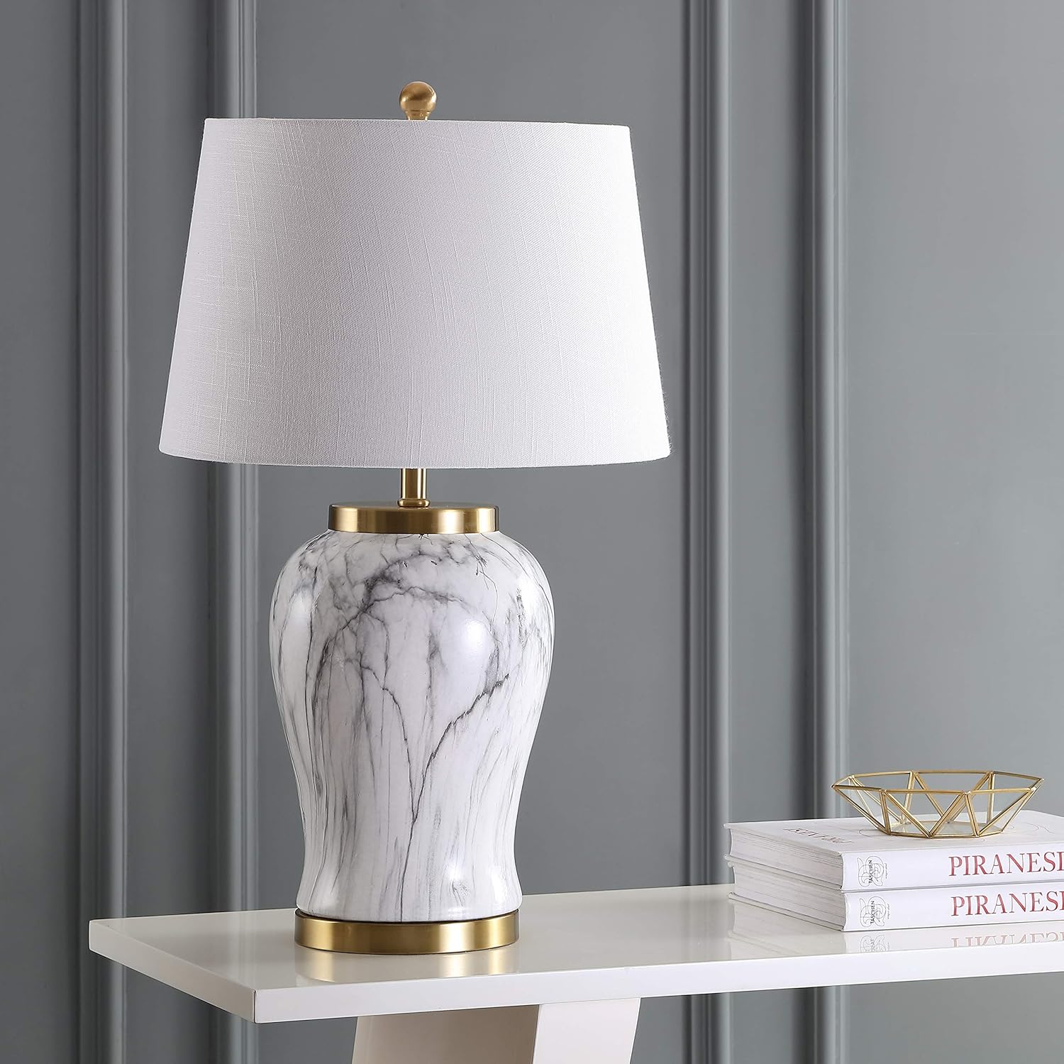 Eyely EYL3053A Riley 28" Ceramic Marble LED Table Lamp for Reading Room, Living Room, Office, Bedroom, Contemporary, Transitional, White/Gold