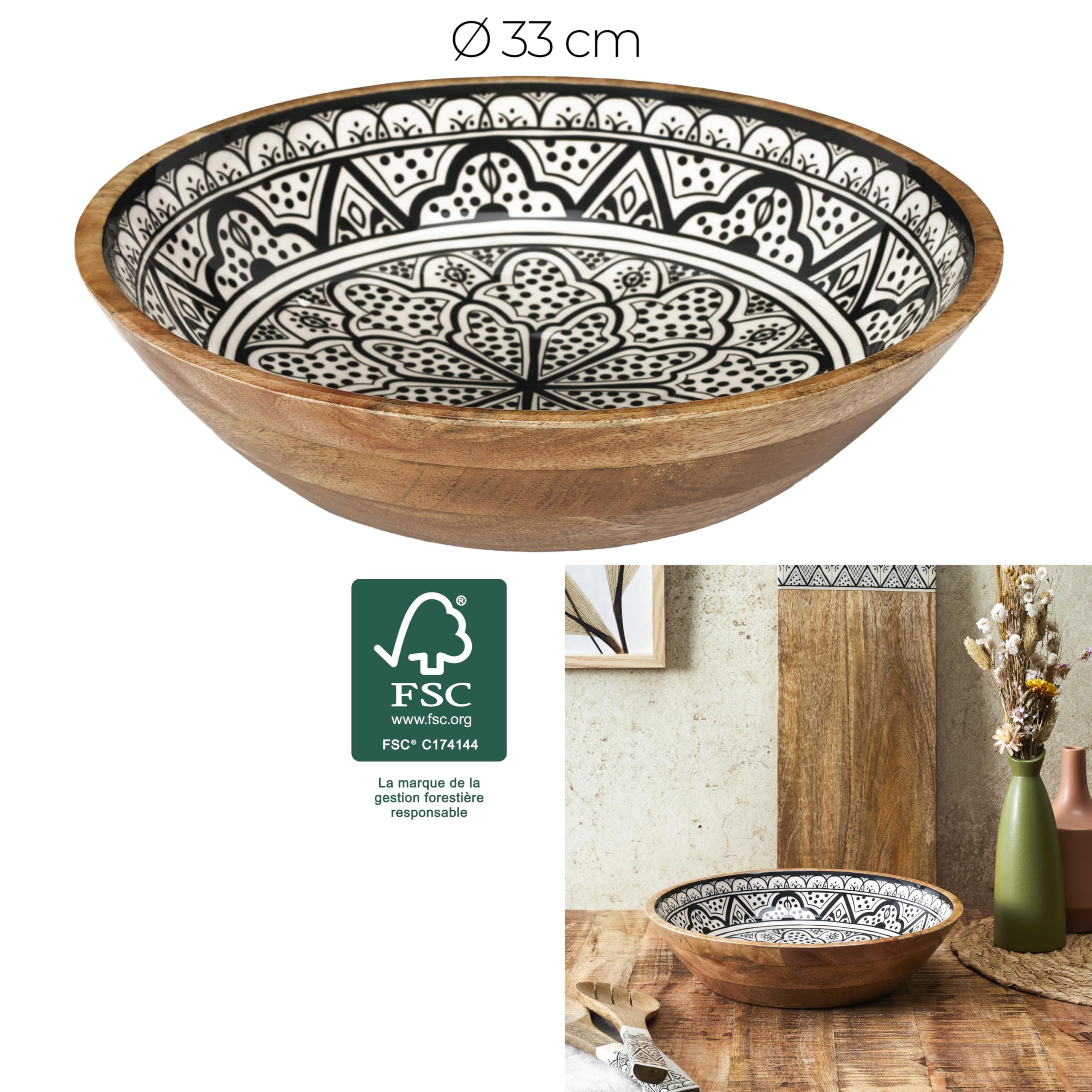HOME DECO FACTORY, KA0571, Insalatiera in Legno di Mango Black Dune, Design Moderno ed Elegante, Perfetta per servire insalate e Piatti Vari, Diametro 33 cm, Colore Nero