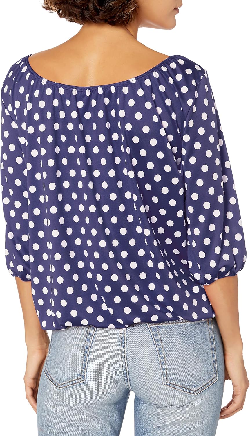 Star Vixen Womens Petite 3/4 Sleeve Peasant Top with Keyhole Tie and Elastic Bottom Hem - Image 2