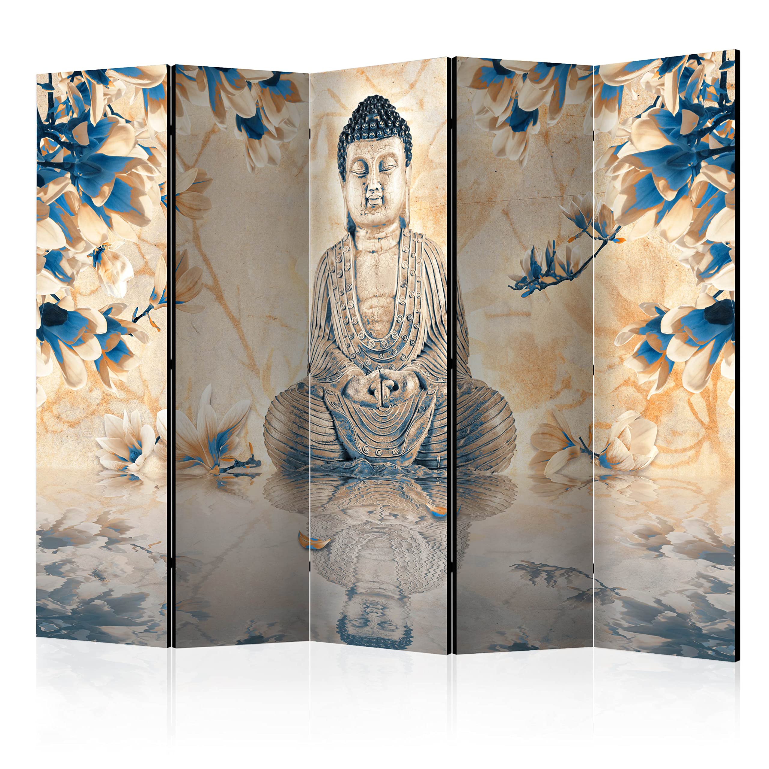 murando - Paravent intérieur à Deux côtés 225x172 cm - Séparateur de pièce en Bois Naturel avec Toile imprimée Pliable - Asie Bouddha Bouddhisme Feng Shui Magnolias Orient Zen p-C-0018-z-c