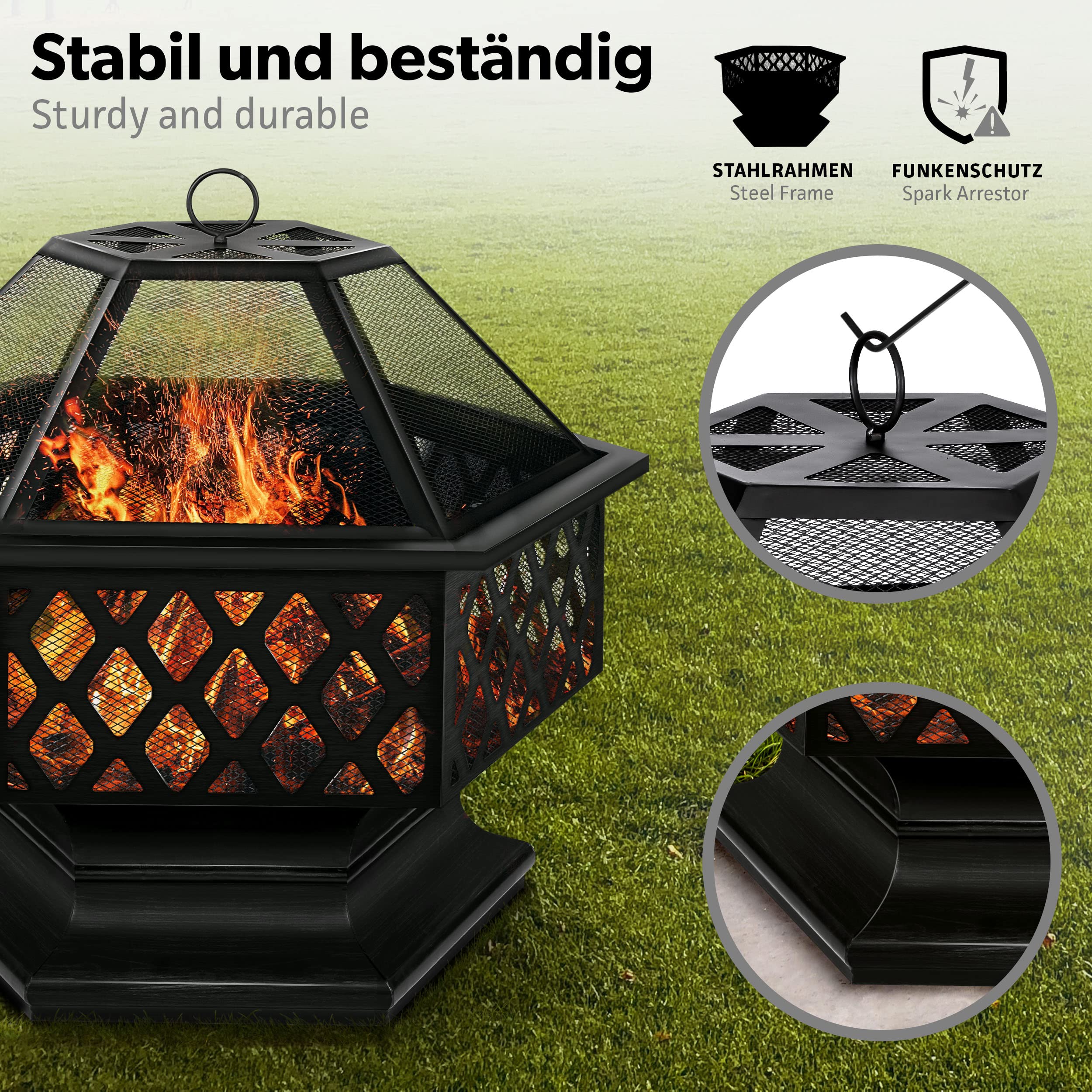 tillvex Feuerschale mit Funkenschutz & Grillrost | Feuerstelle Outdoor für den Garten | 4 in 1 BBQ Grill mit Abdeckung, Schürhaken, Zange & Kohlerost Schwarz (Sechskant)
