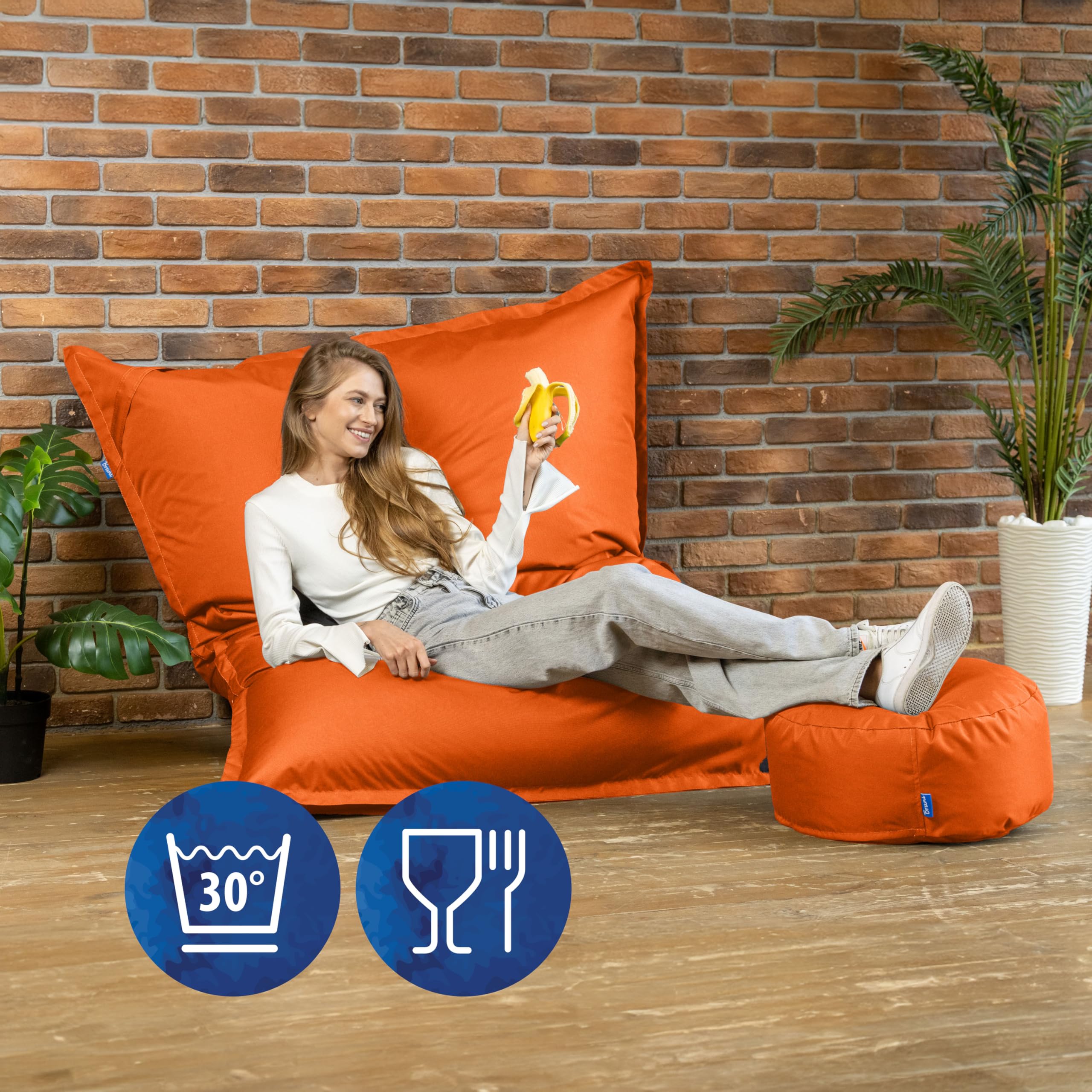 Bruni Pouf géant Caree orange – Pouf rectangulaire XXL, 140 x 180 cm et rembourrage de 400 l, avec housse intérieure, sac de couchage amovible, pour l'intérieur et l'extérieur, fabriqué en Allemagne