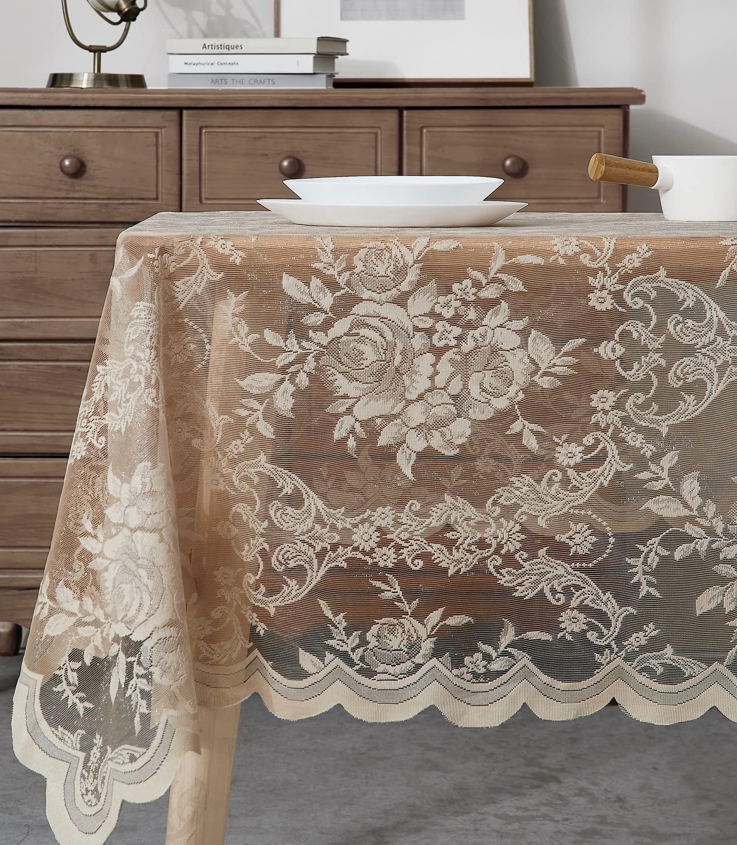 Warm Home Designs 60 x 104 Lace Tablecloth. Linen Gold Rectangle Tablecloth with English Rose Design. Rectangular Tablecloth, Rustic Tablecloth or Dining Table Cover for 8-10 Guests. LTC Linen 104"