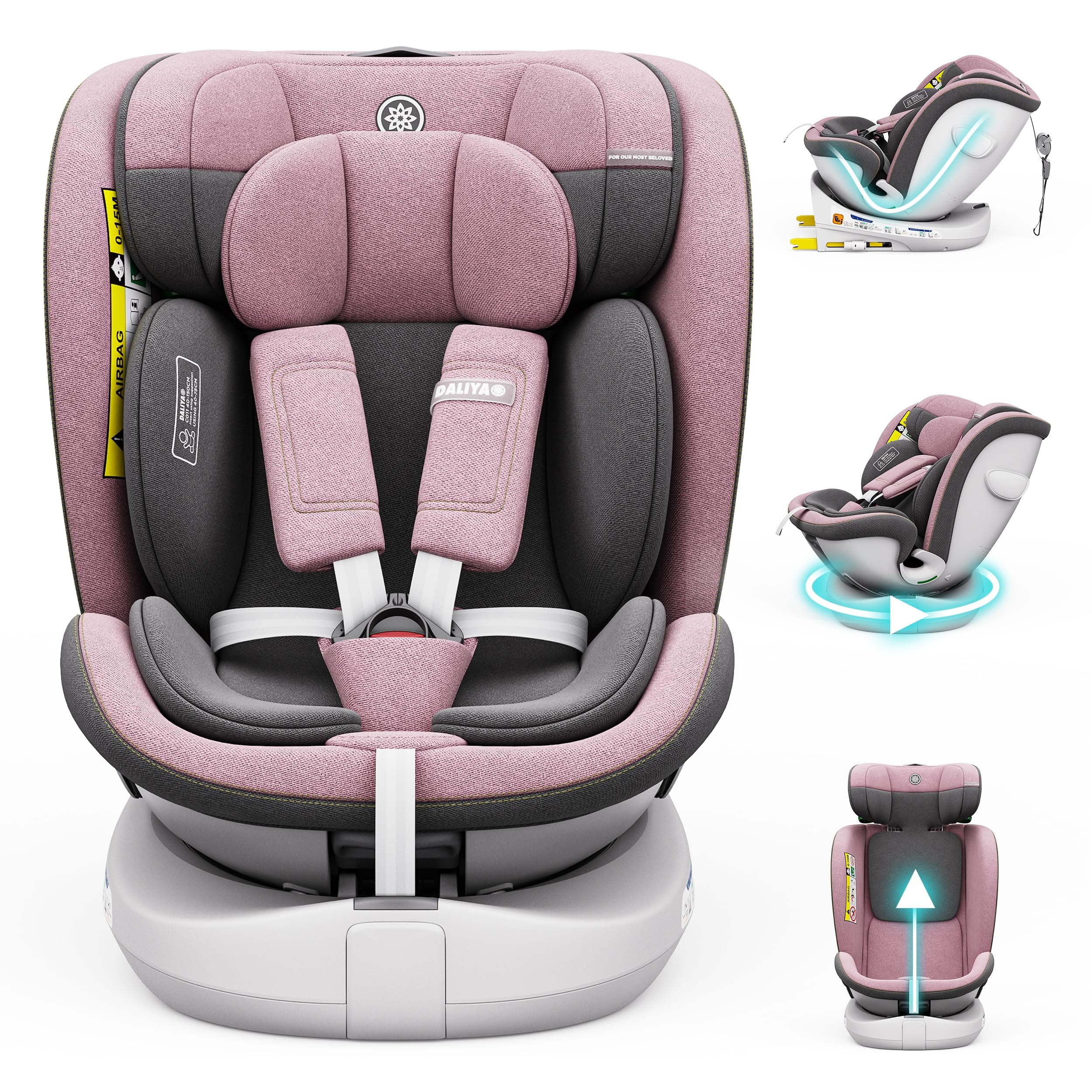 Daliya® Kindersitz ROTAZIONE | I-SIZE 40-150 cm | 8 Pos. | Isofix | (SIP) | Top Tether | 360° | 5 Punkt Gurt | Gruppe 0+ / I/II/III 0-36 KG | Neueste Zulassungs UN ECE Reg. 129 (Rosa)