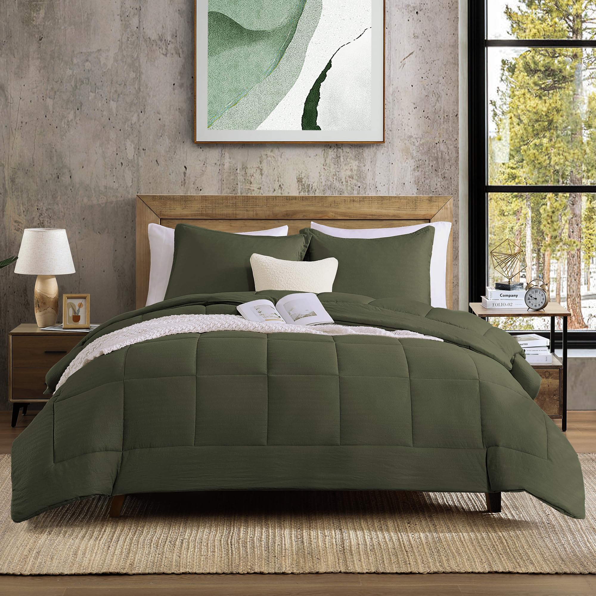 Monbix King Size Comforter Set - Comforter Set, Soft Bedding Sets for All Seasons - 3 Piece King Size Comforter - 1 Comforter and 2 Pillow Shams (Olive Green, King, 102"x90")