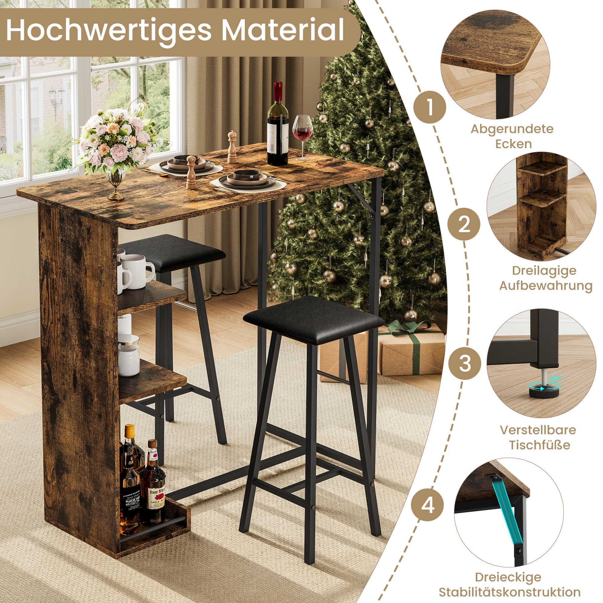 3-Teiliges Bartisch-Set, Essgruppe Mit 2 Hockern Und 3 Ablagen, Weiches
