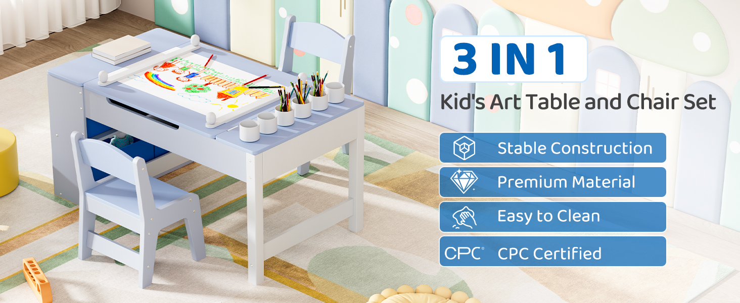 Table Enfant Avec 2 Chaises Et Rangement - Plateau Réversible Noir/blanc, En Bois, Pour Jeux Et Dessin