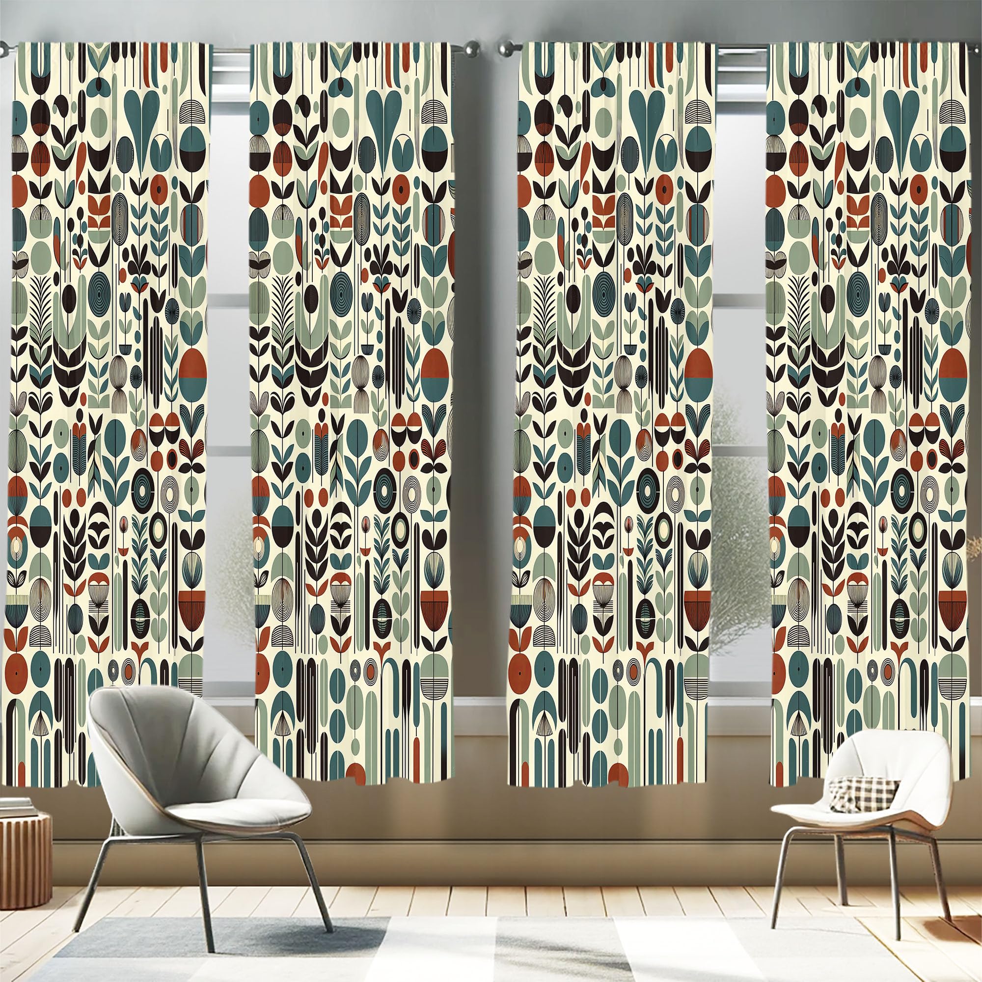 Ambesonne Leafy Art Window Curtains Pack of 2, Scandinavian Leaves Pattern with Geometric Roundy Modern Boho Print, Lightweight Set with Rod Pocket, 4 Panels of - 28" x 63", Pale Green Redwood Teal