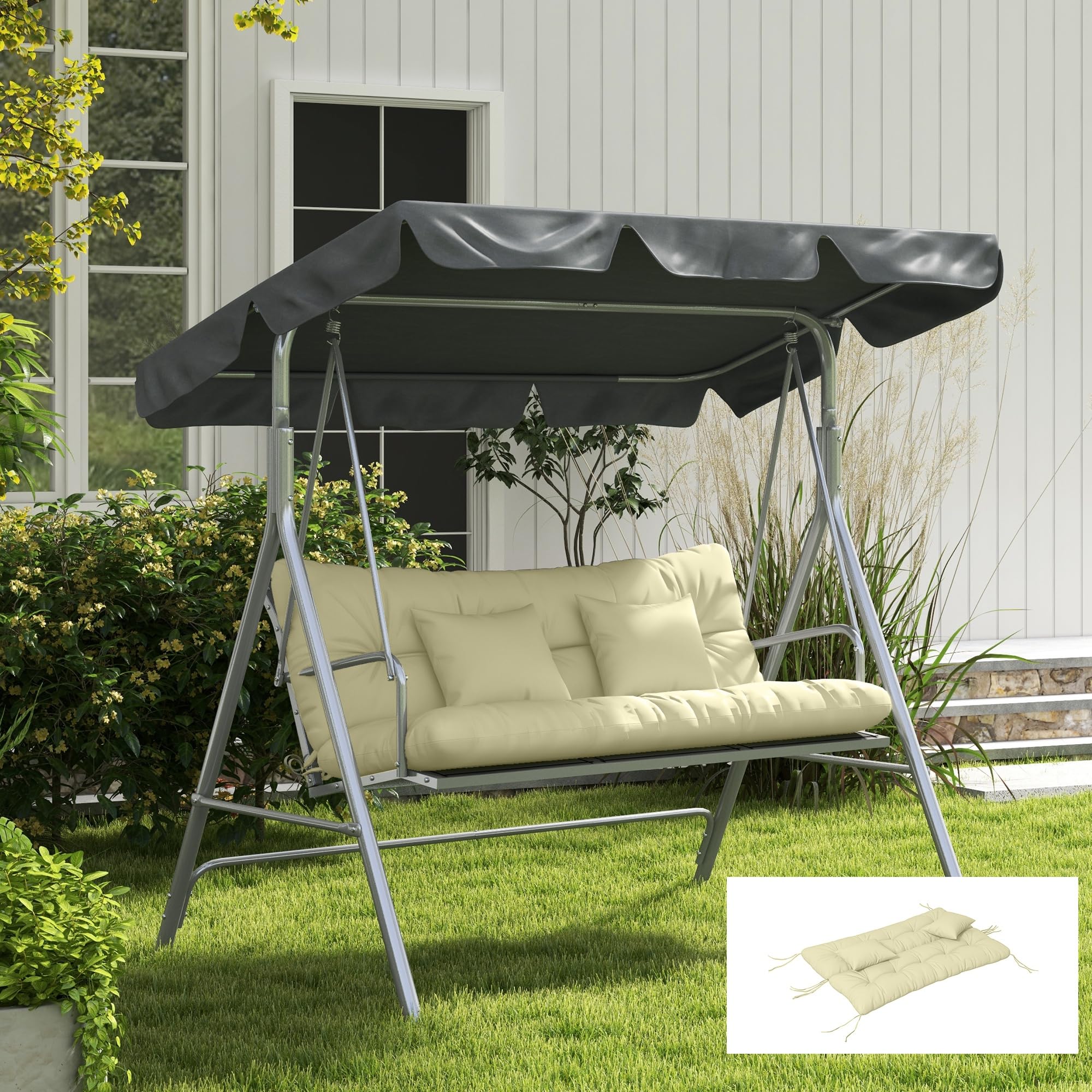 Outsunny Ensemble de 4 Coussins d'Extérieur pour Balancelle de Jardin Crème | Coussin d'Assise, de Dossier, 2 Oreillers