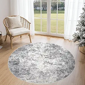 4ft Round Area Rug Living Room Rugs - 4x4 Washable Neutral Modern Abstract Soft Thin Rug Indoor Floor No Slip Rug Carpet for Bedroom Under Dining Table Home Office Decor - Grey