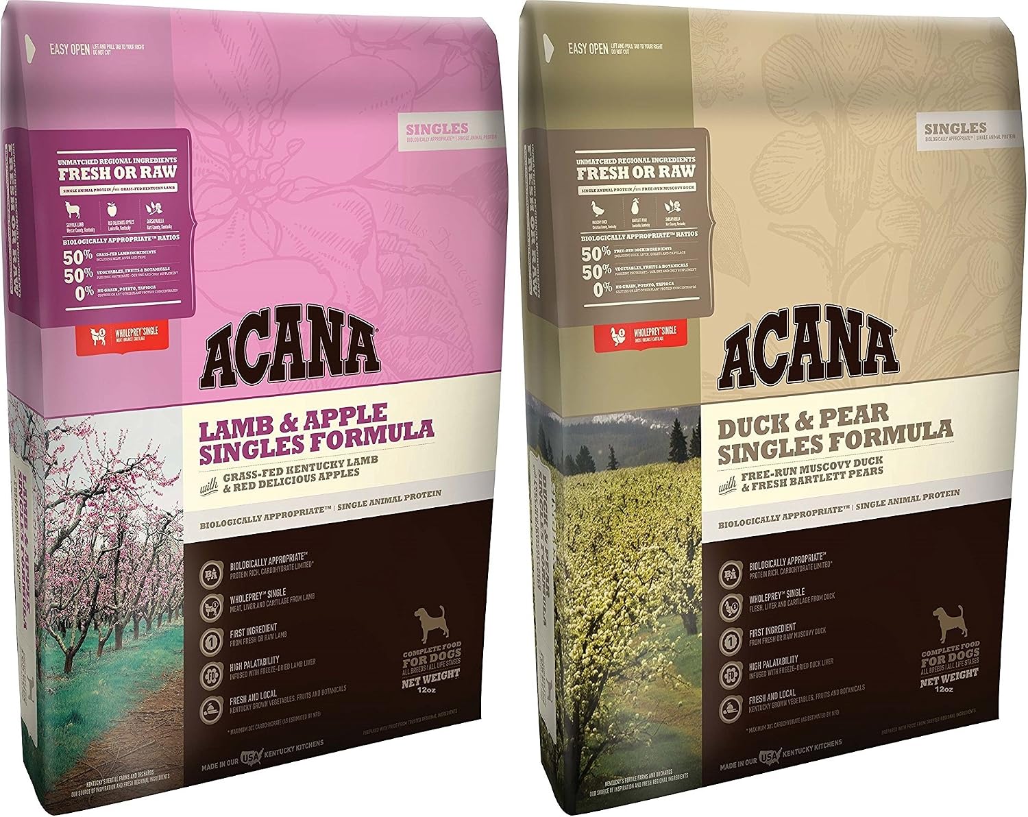 ACANA Singles Formula Lamb and Apple Dog Food and Duck and Pear Dog Food, 12 Ounces Each